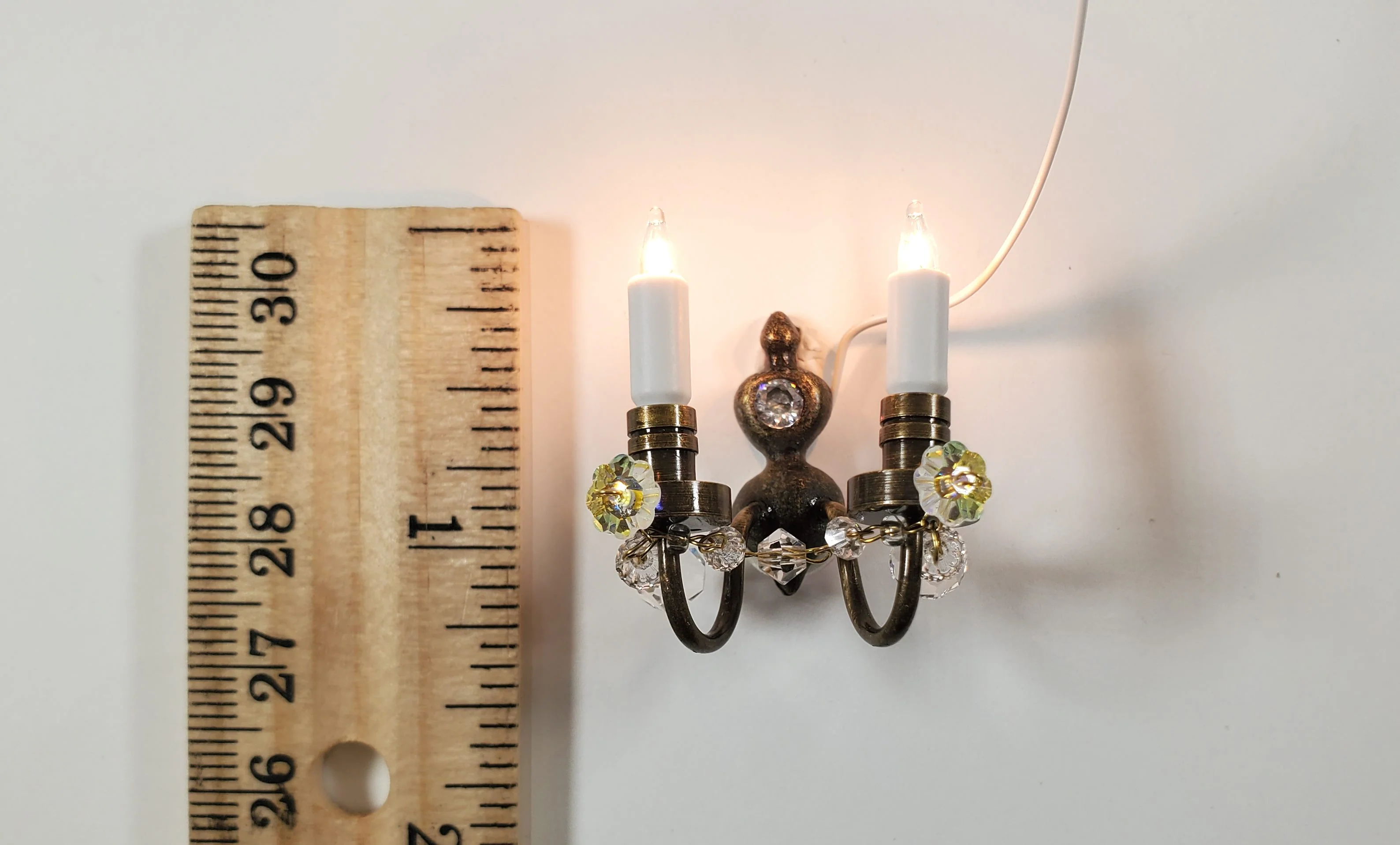 Dollhouse Double Candle Sconce with Crystals Bronze 12 volt w/ Plug 1:12 Scale - Image 3
