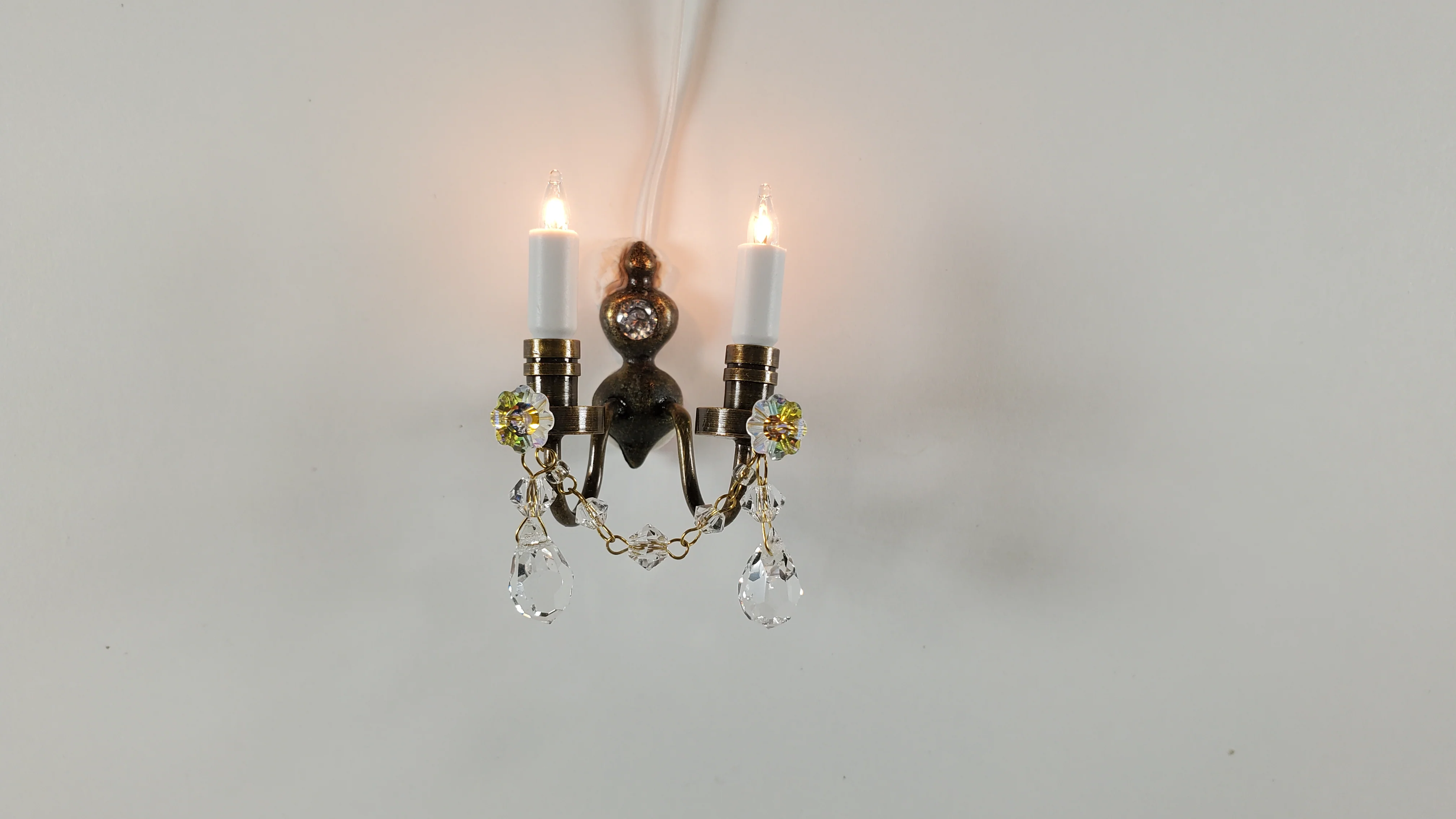 Dollhouse Double Candle Sconce with Crystals Bronze 12 volt w/ Plug 1:12 Scale - Image 4
