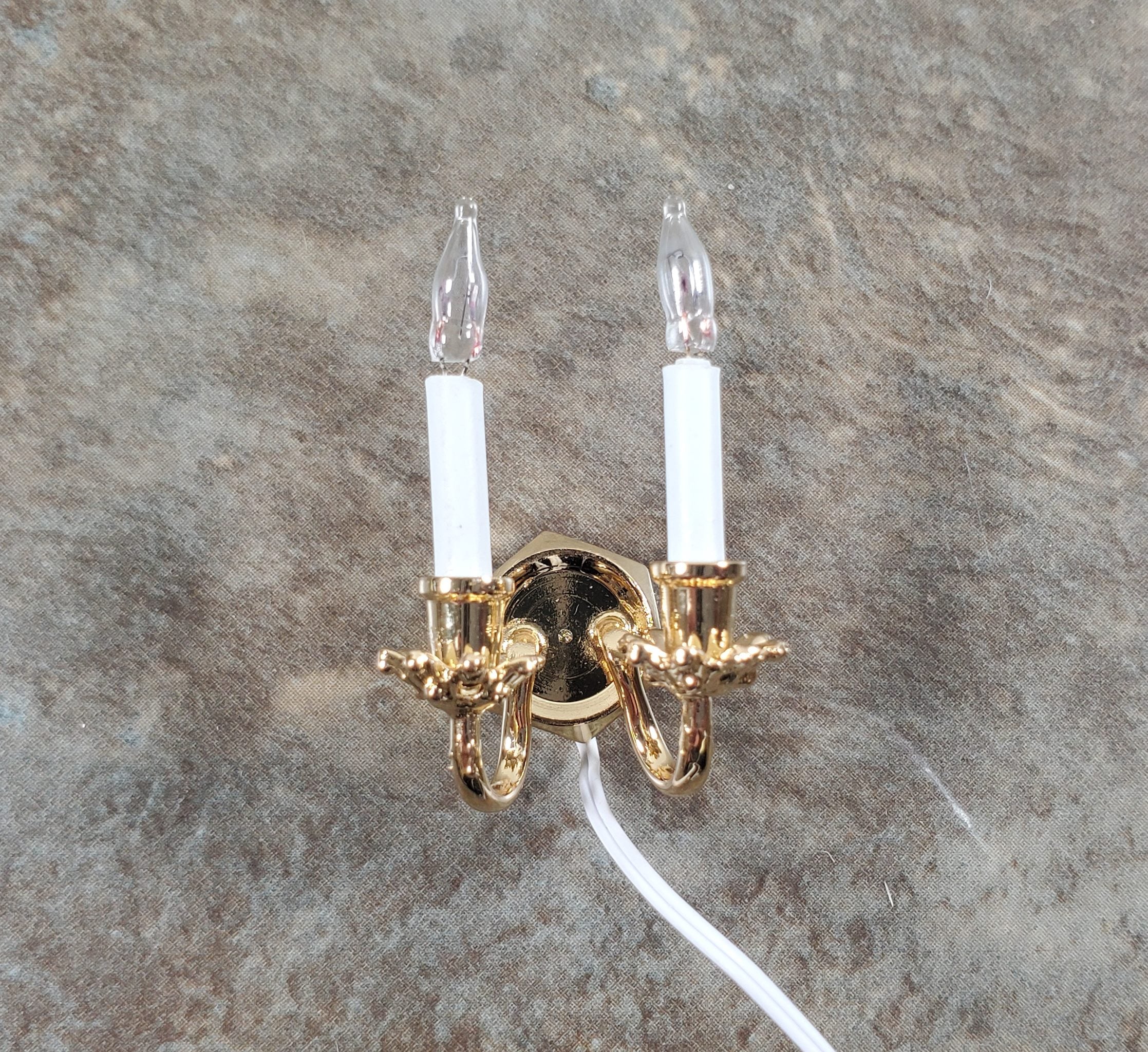 Dollhouse Double Candle Wall Sconce Gold 12 Volt with Plug 1:12 Wall Light - Image 2