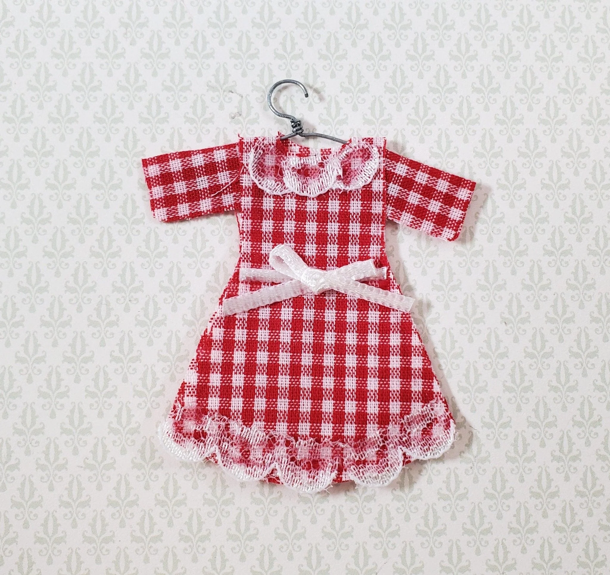 Dollhouse Dress Red Gingham 1:12 Child Size Clothes on a Hanger Flat Decoration Only
