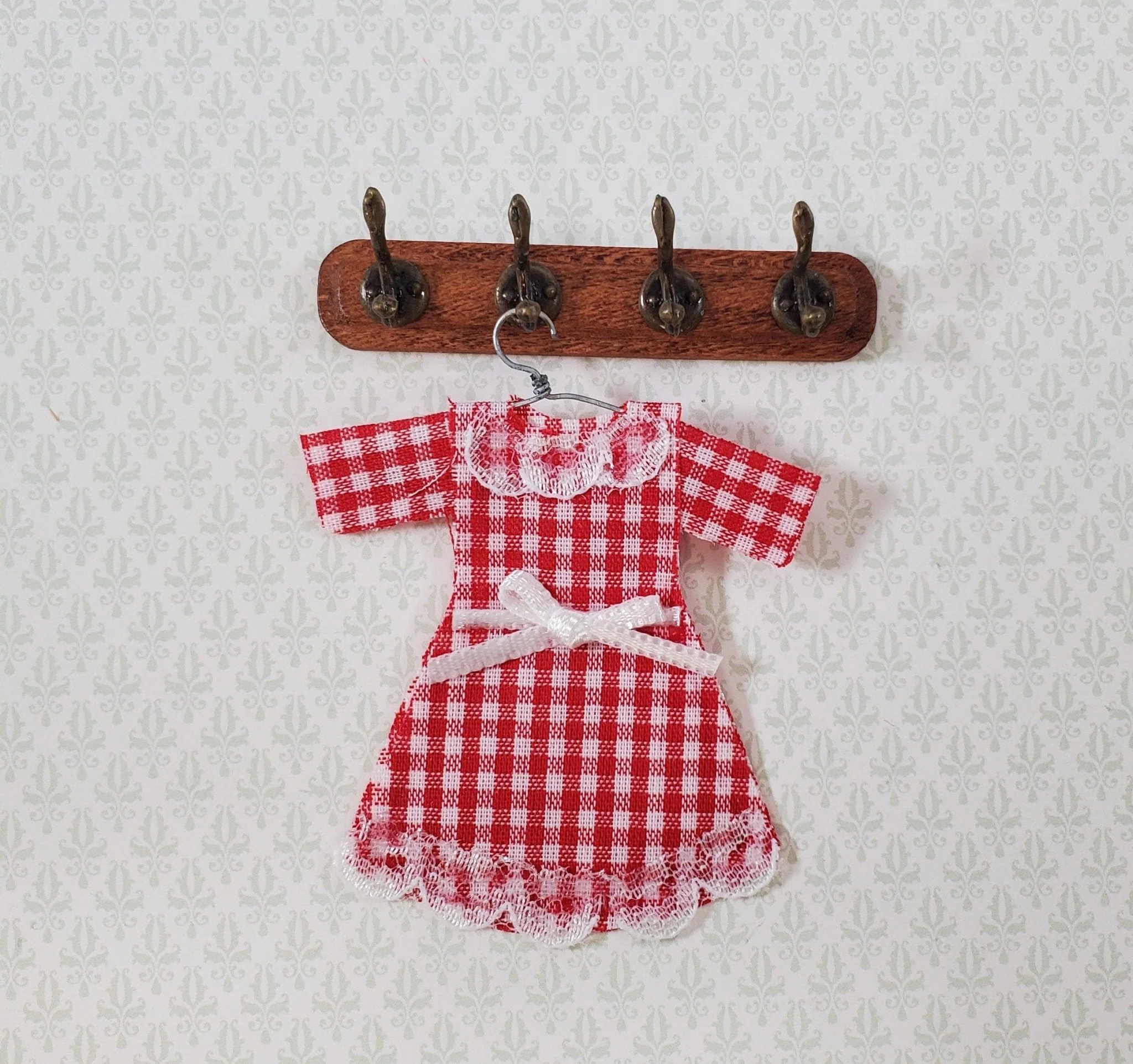 Dollhouse Dress Red Gingham 1:12 Child Size Clothes on a Hanger Flat Decoration Only - Image 2
