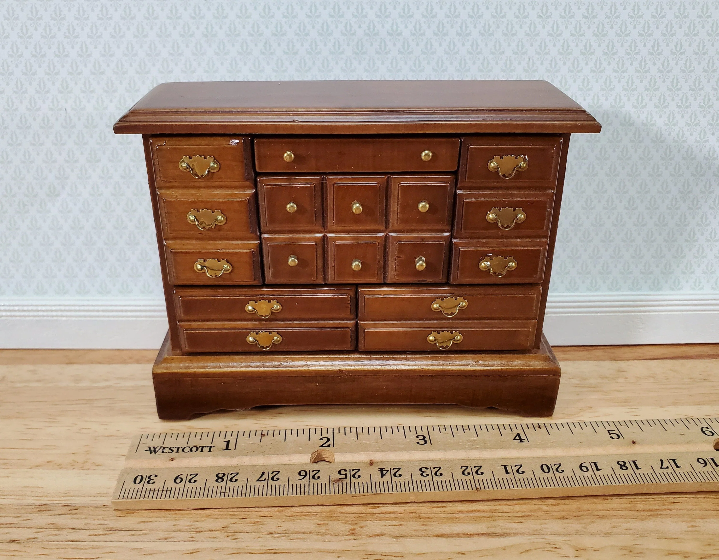 Dollhouse Dresser Chest 6 Opening Drawers 1:12 Scale Miniature Walnut Finish - Image 4