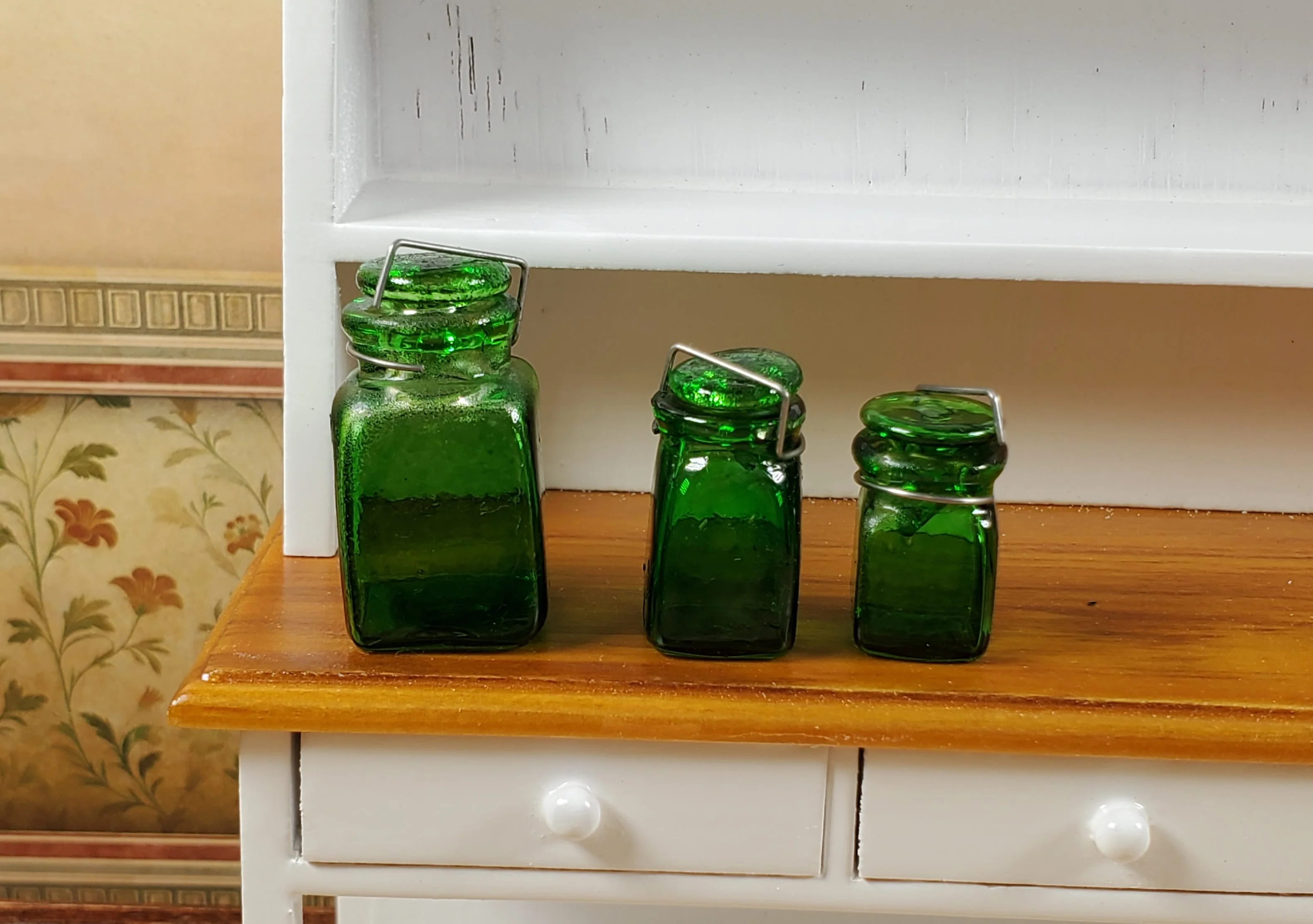 Dollhouse Extra Large Square Glass Canning Jars Set of 3 Green 1:12 Scale