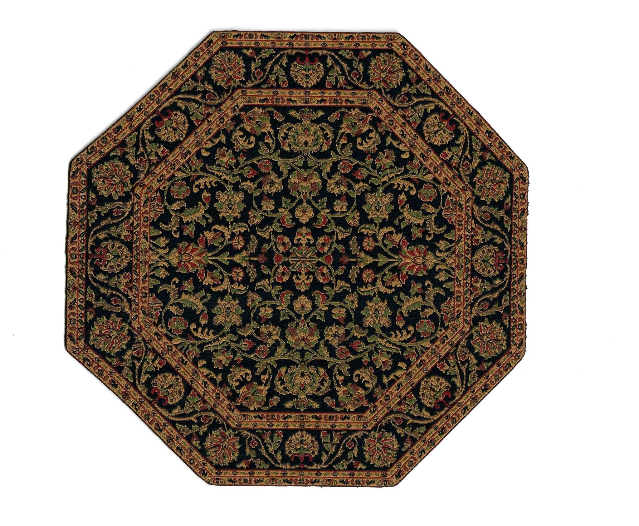 Dollhouse Fabric Rug Octagon Black Gold Green Red 1:12 Scale Miniature 6 3/4"