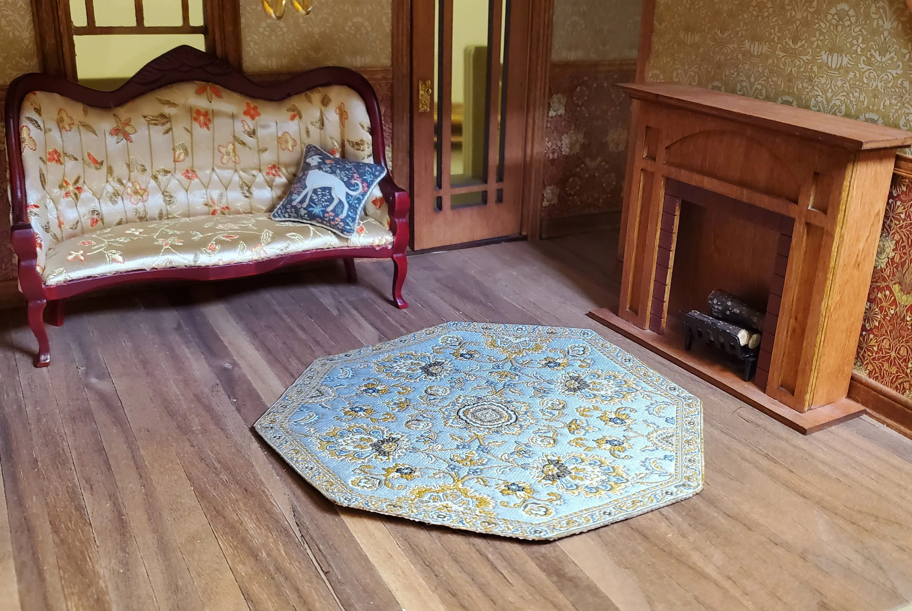 Dollhouse Fabric Rug Octagon Gray & Gold 1:12 Scale Miniature 5 1/2" - Image 2