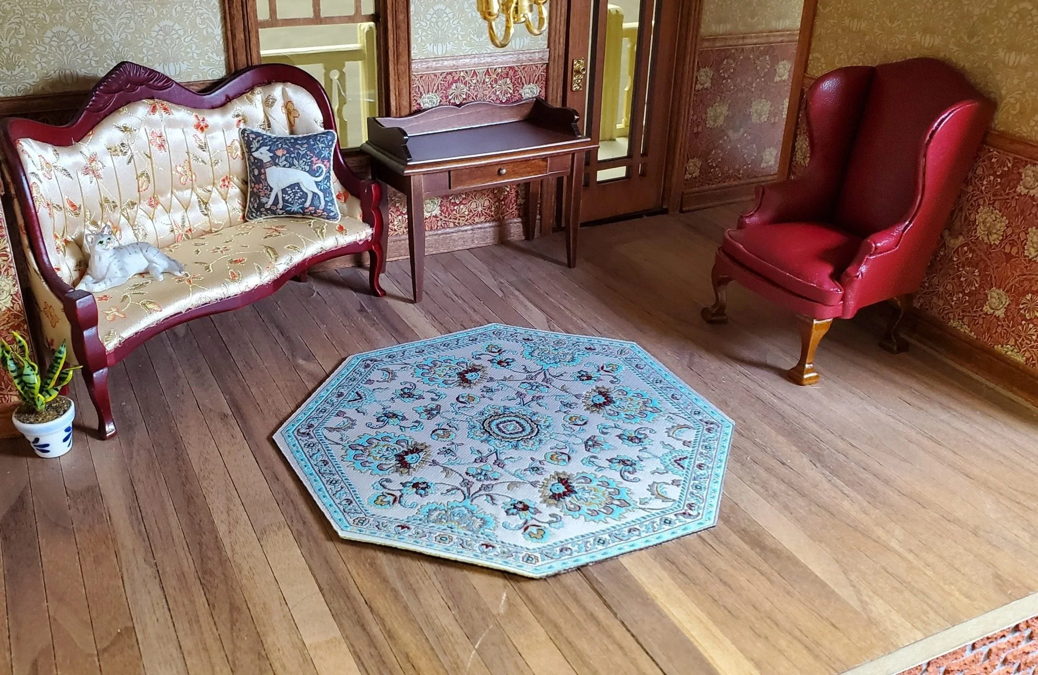 Dollhouse Fabric Rug Octagon Light Teal and White 1:12 Scale Miniature 5 3/4" - Image 3