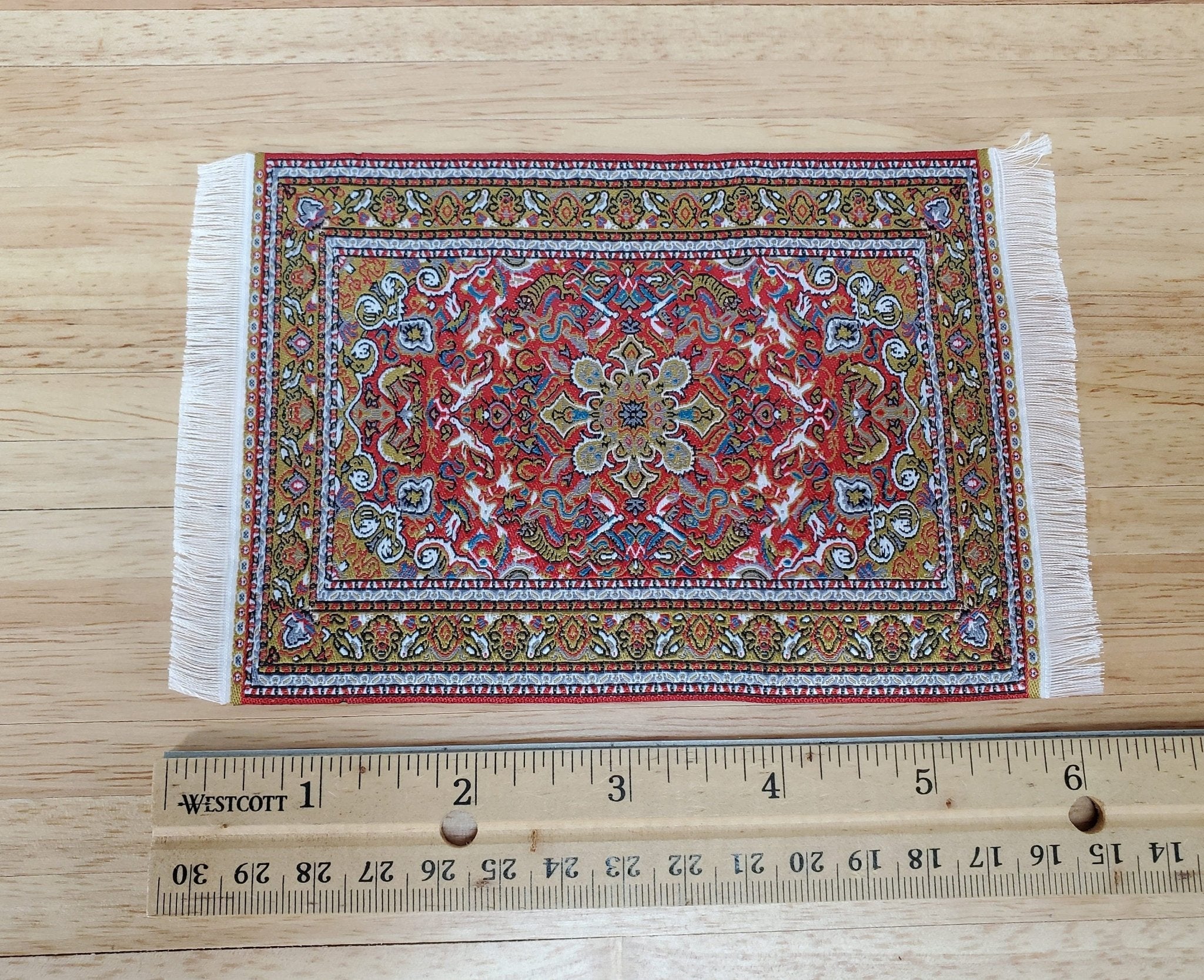 Dollhouse Fabric Rug Small Woven Fabric Red Gold 6 1/4" x 4" with Fringe 1:12 Scale Miniature - Image 3