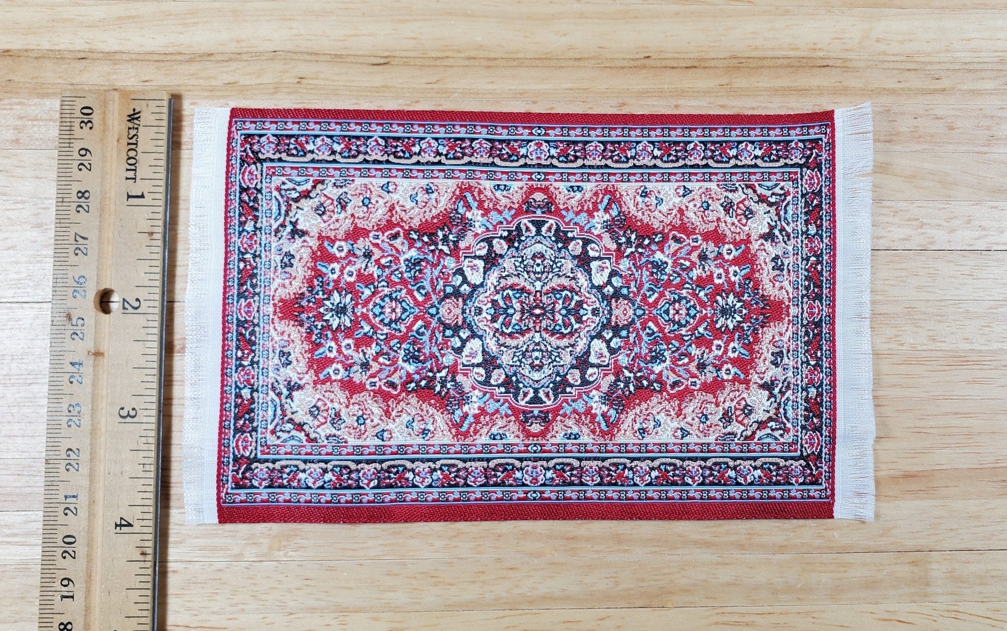 Dollhouse Fabric Rug Woven Red Blue 6 1/4" x 3 7/8" with Fringe 1:12 Scale - Image 5