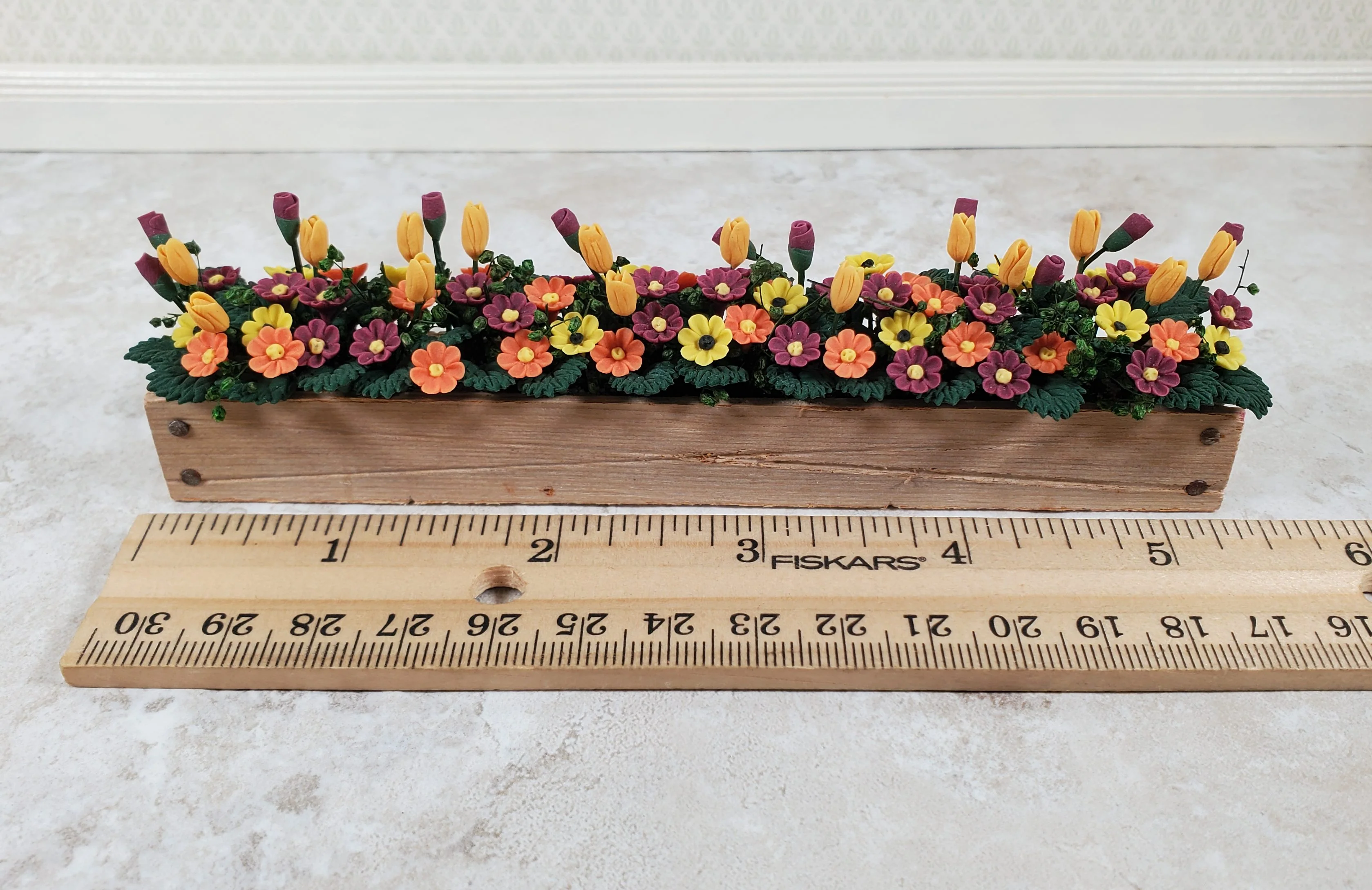 Dollhouse Fall Flowers in a 5.5" Wooden Window Box Planter 1:12 Scale Miniature - Image 3