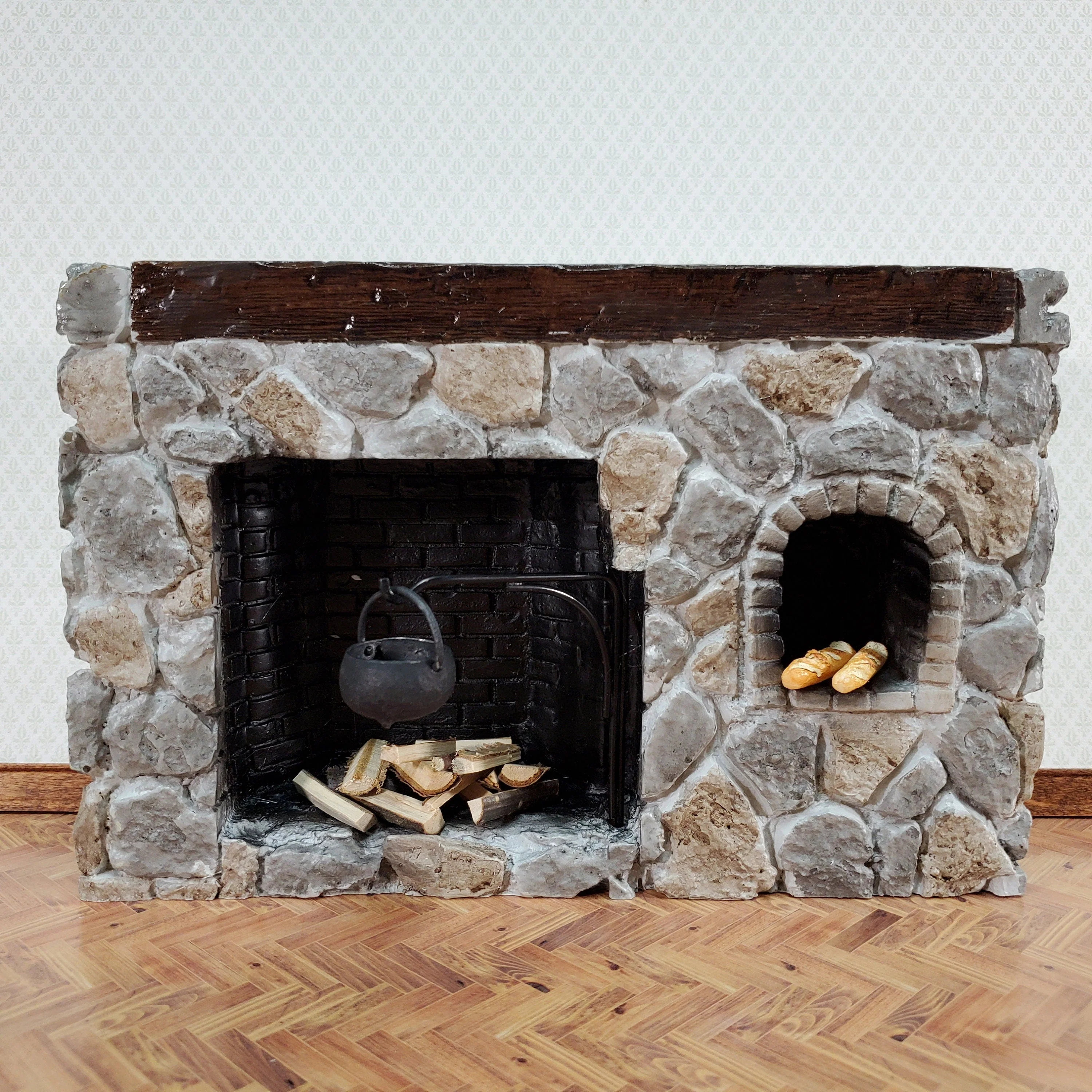 Dollhouse Fireplace Large Stone with Crane Walk-In Style Colonial 1:12 Scale Miniature - Image 3