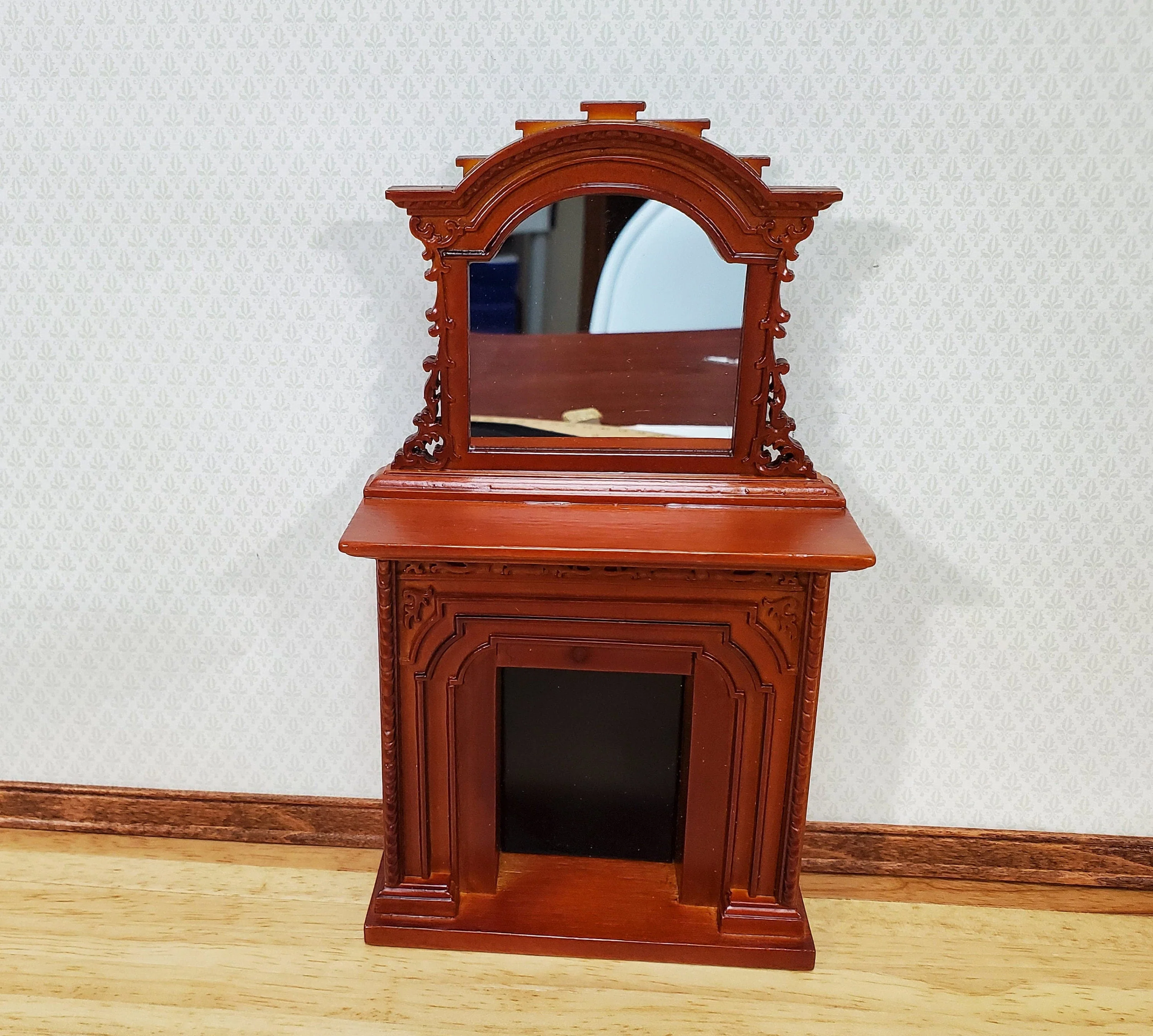 Dollhouse Fireplace Victorian Style w/ Mirror 1:12 Scale Miniature Walnut Finish - Image 2