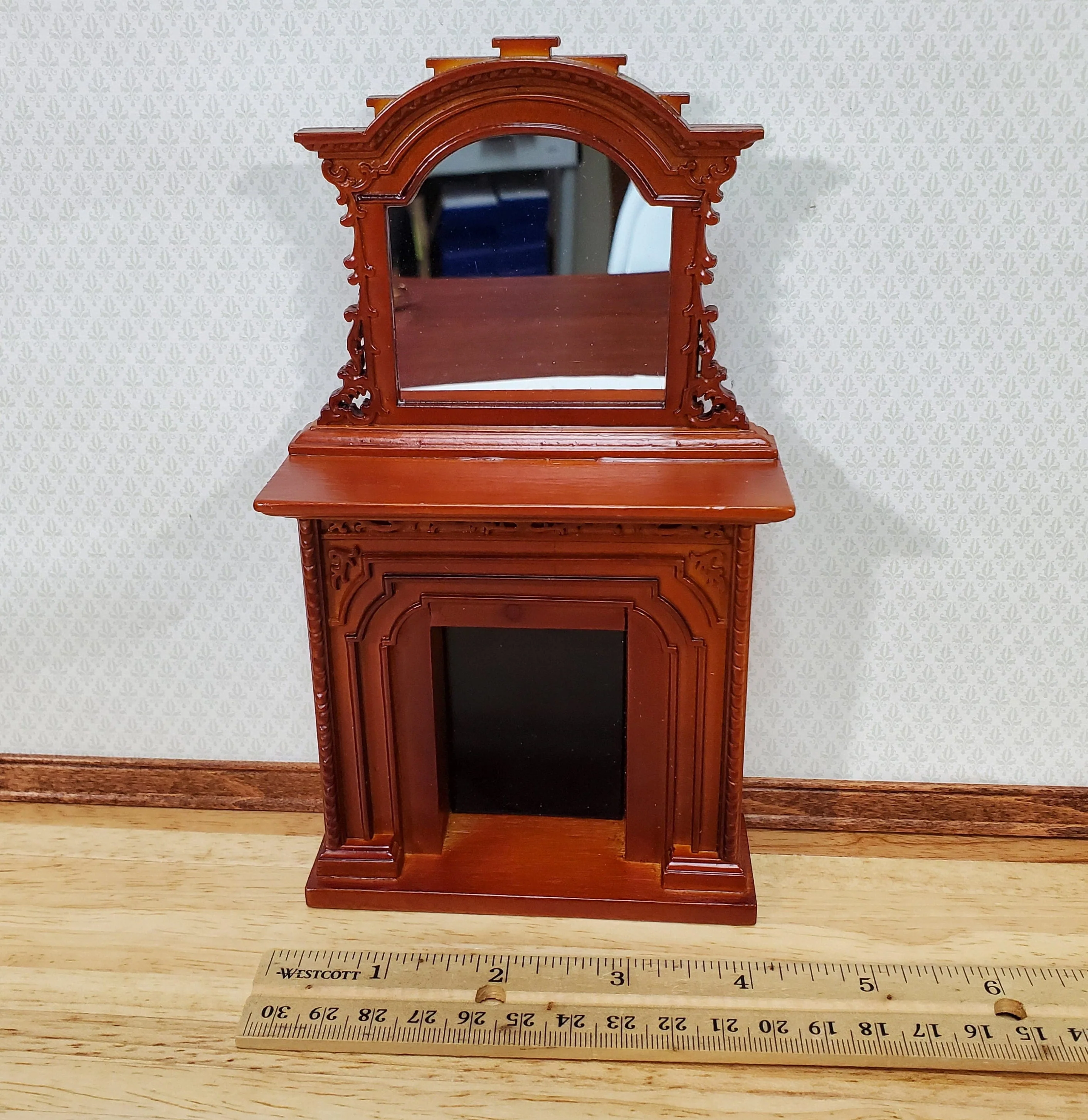 Dollhouse Fireplace Victorian Style w/ Mirror 1:12 Scale Miniature Walnut Finish - Image 5