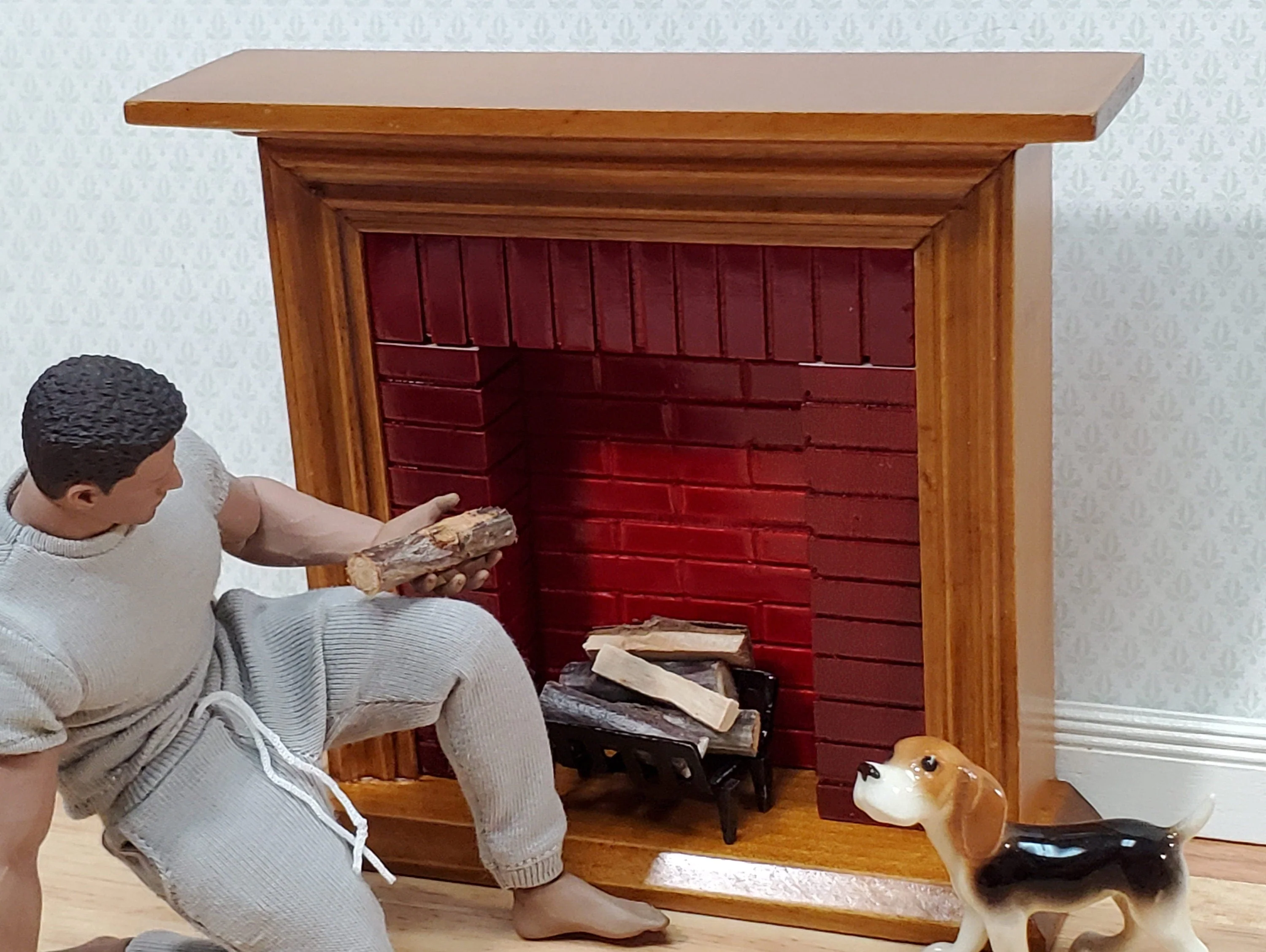 Dollhouse Fireplace with "Brick" Insert Walnut Finish 1:12 Scale Miniature Furniture - Image 4