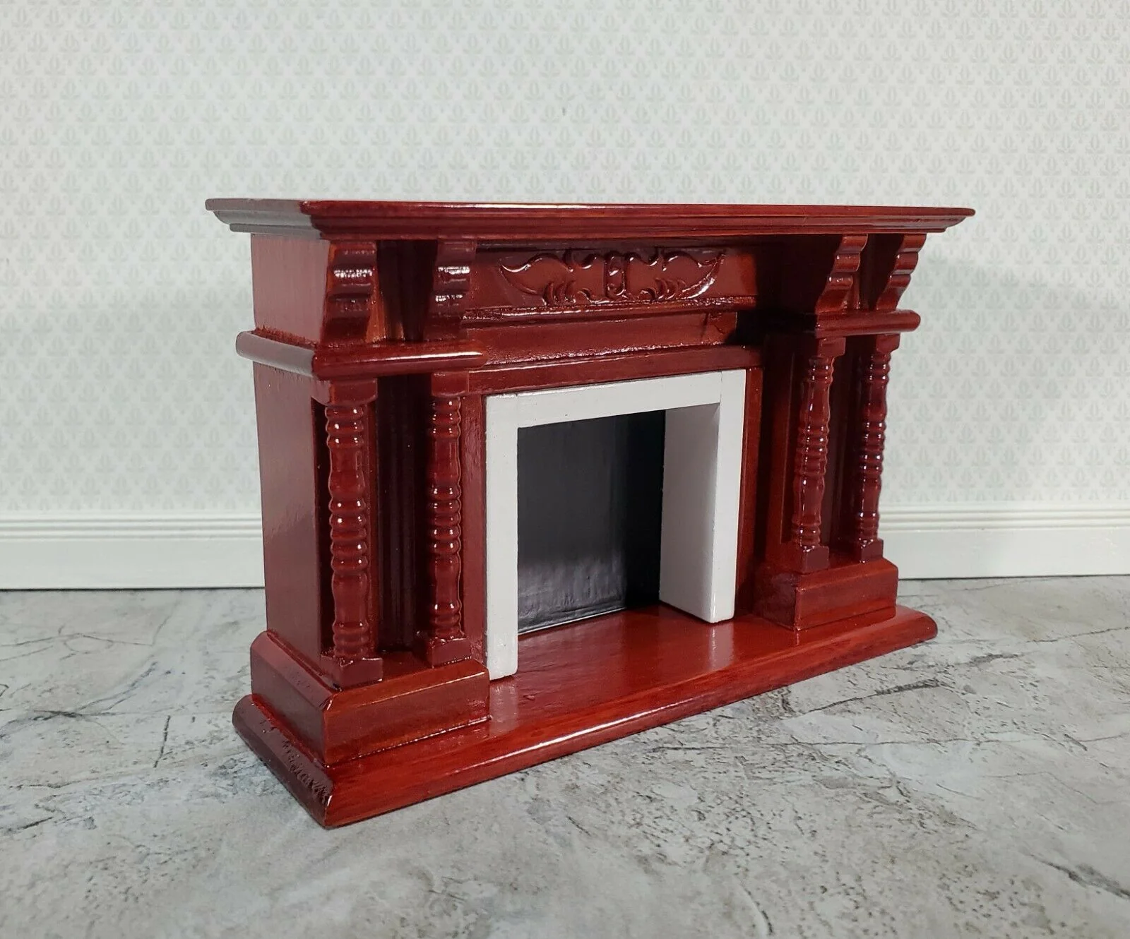 Dollhouse Fireplace with Columns Mahogany Finish 1:12 Scale Miniature Furniture - Image 2
