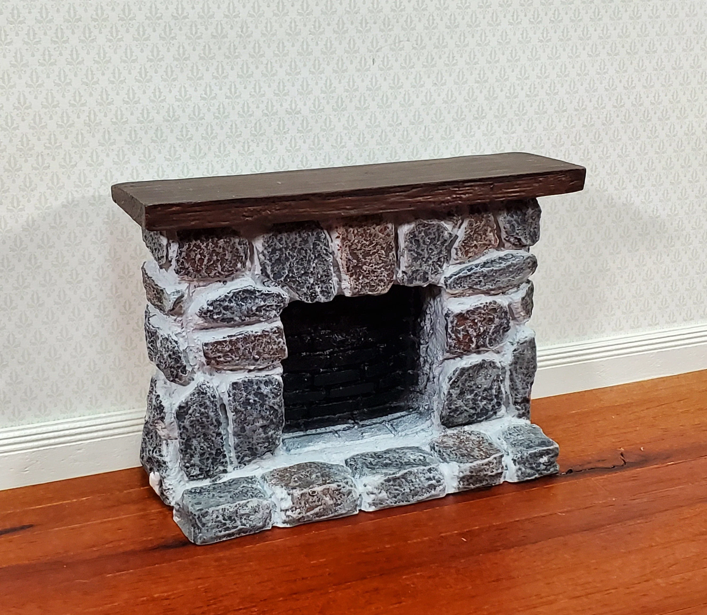 Dollhouse Fireplace with Mantel Gray Stone Fieldstone 1:12 Scale Miniature Furniture
