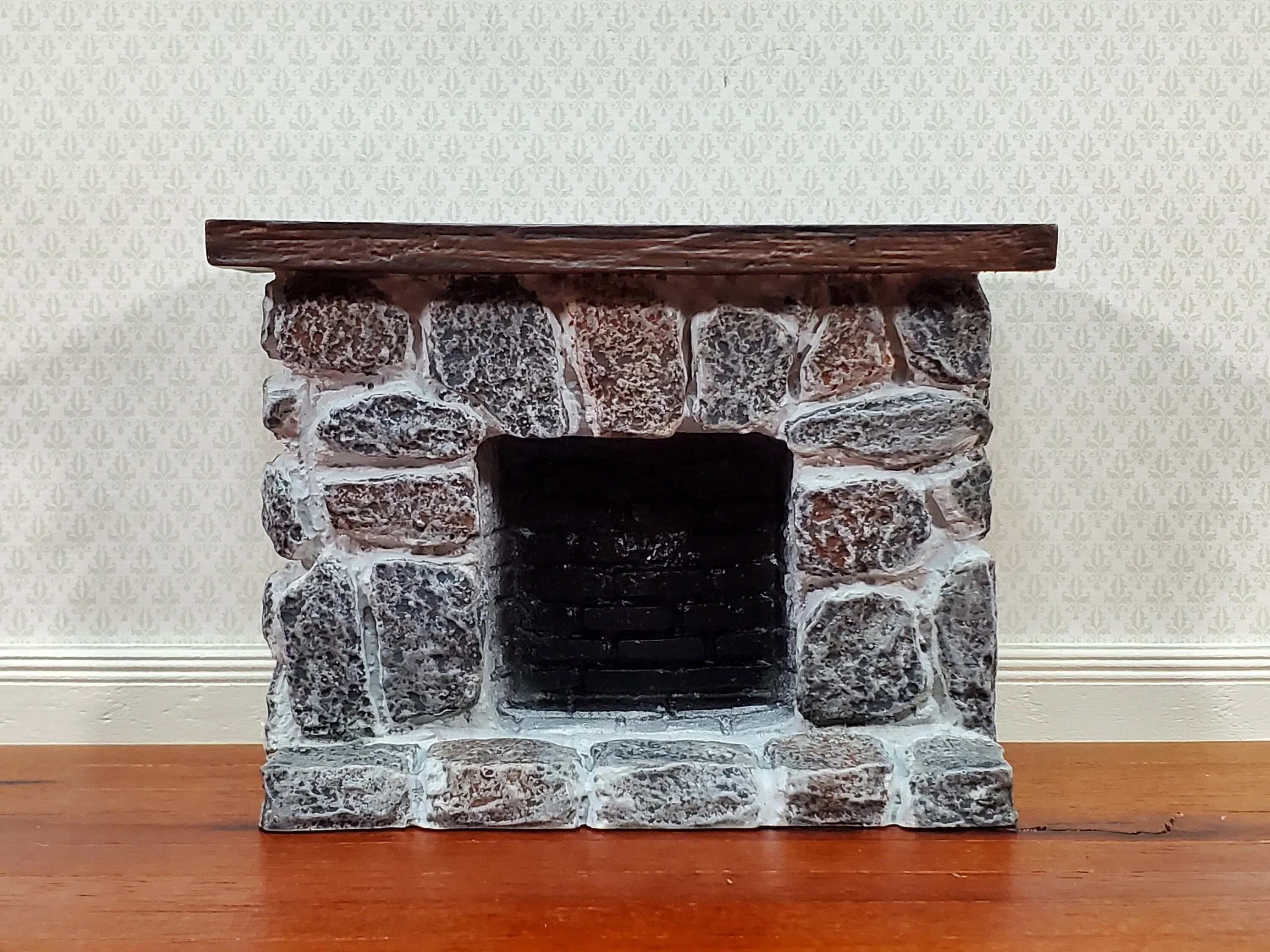 Dollhouse Fireplace with Mantel Gray Stone Fieldstone 1:12 Scale Miniature Furniture - Image 2