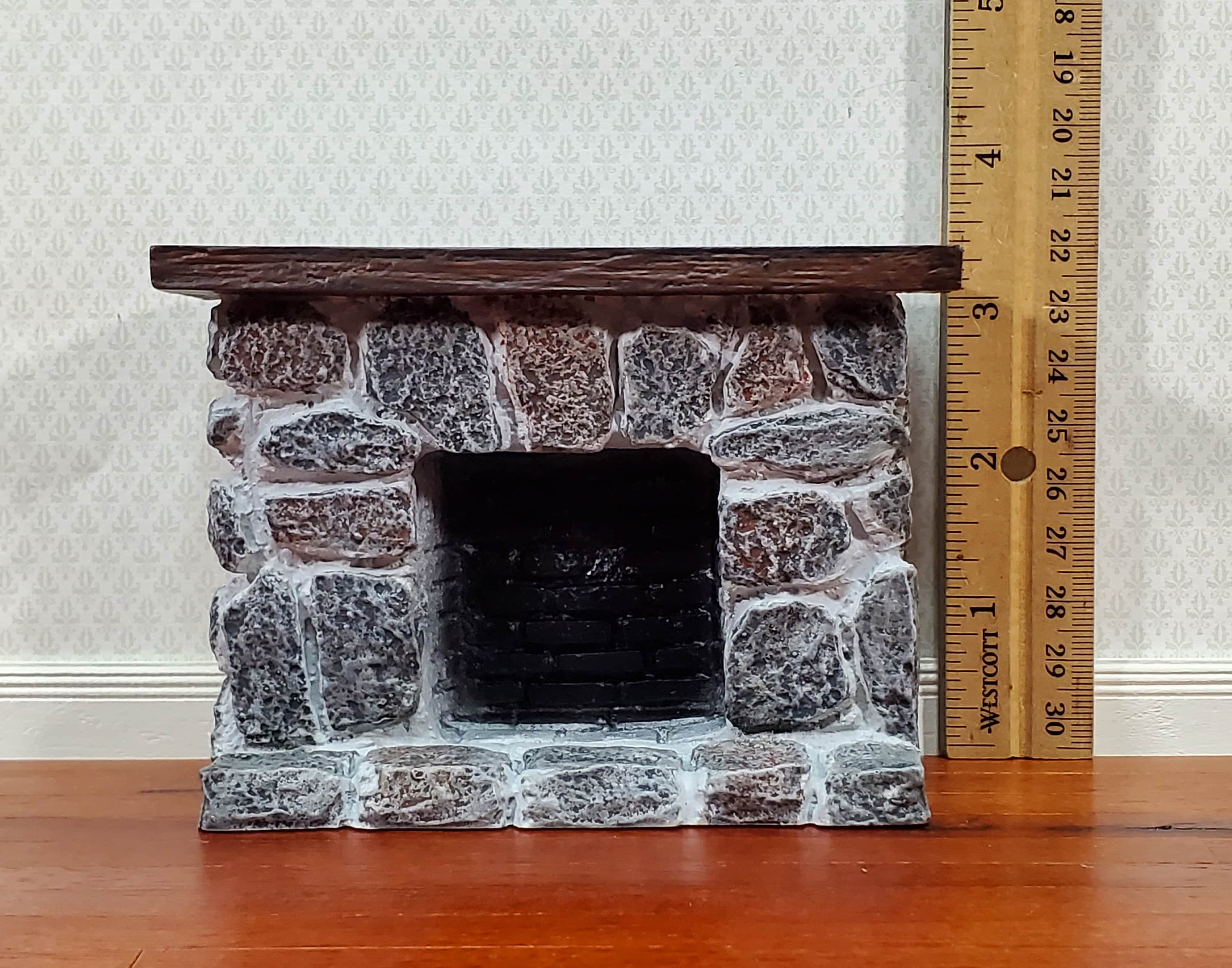 Dollhouse Fireplace with Mantel Gray Stone Fieldstone 1:12 Scale Miniature Furniture - Image 3