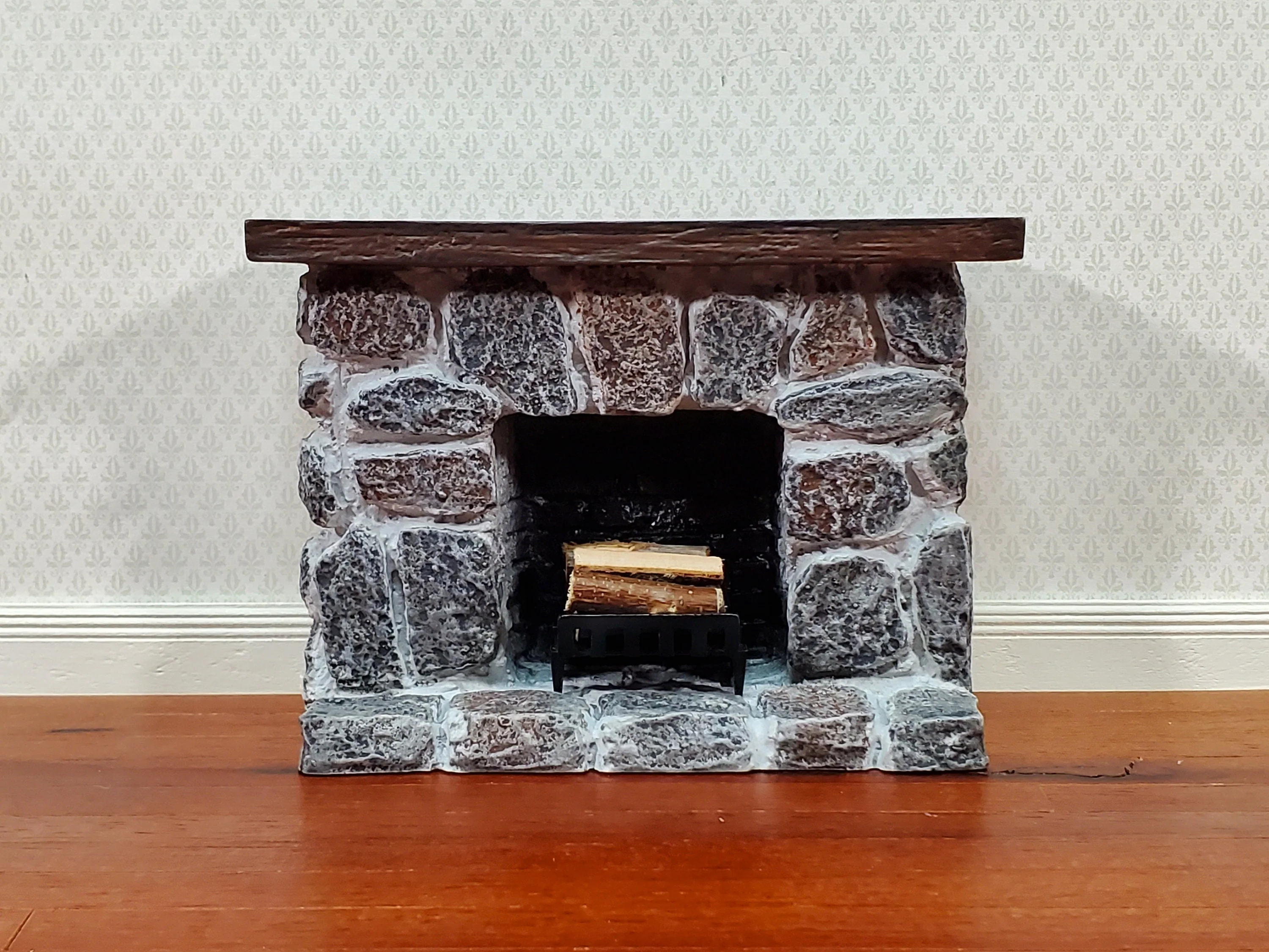 Dollhouse Fireplace with Mantel Gray Stone Fieldstone 1:12 Scale Miniature Furniture - Image 5
