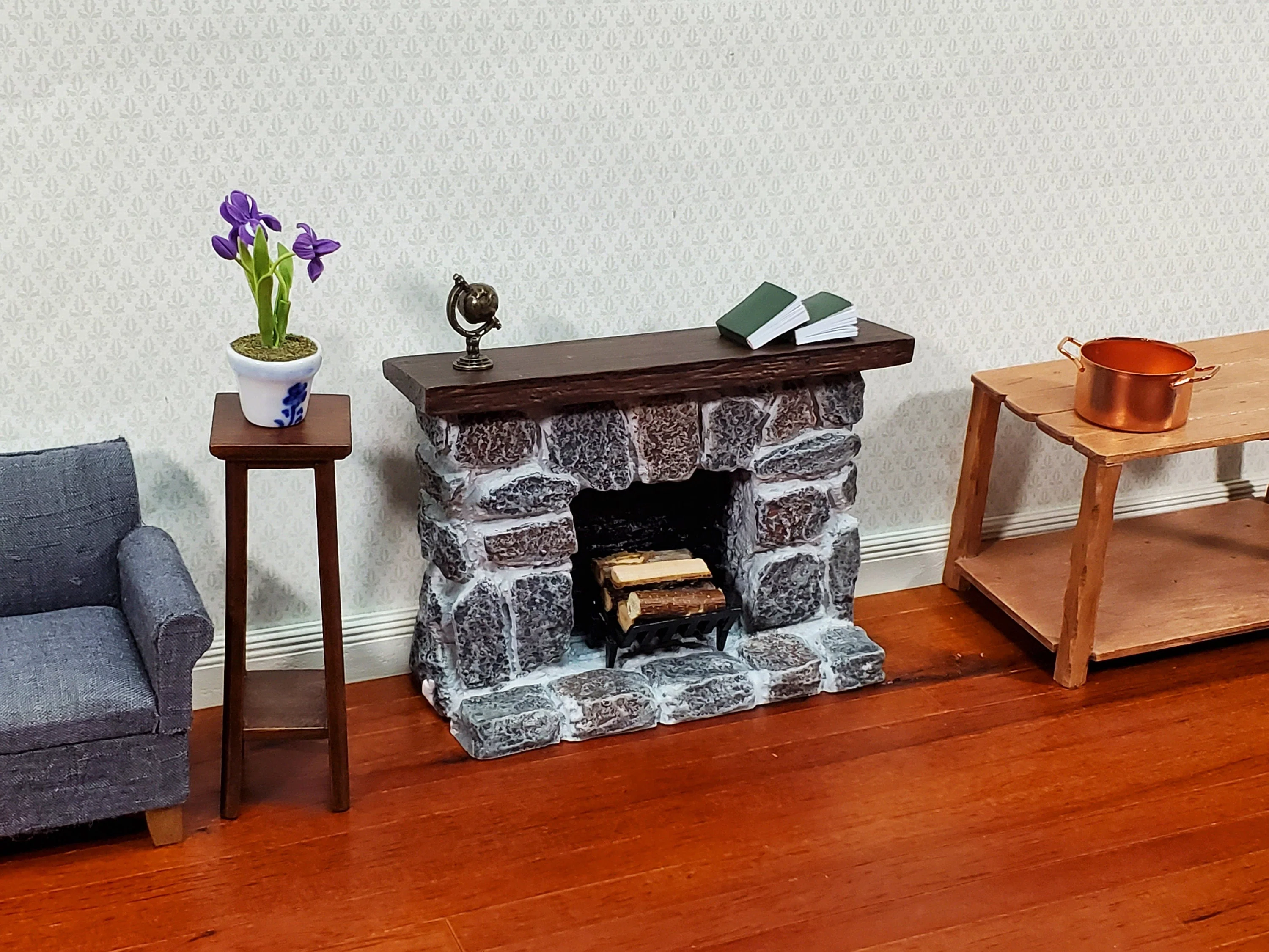 Dollhouse Fireplace with Mantel Gray Stone Fieldstone 1:12 Scale Miniature Furniture - Image 7