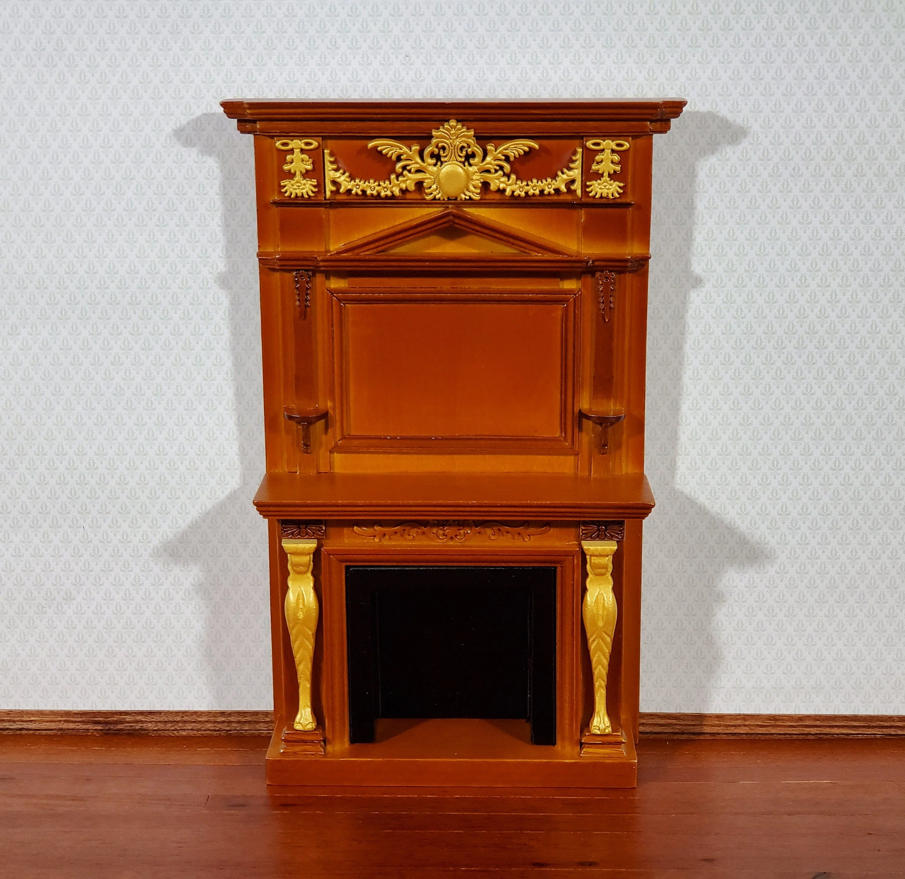 Dollhouse Fireplace with Ornate Overmantel 1:12 Scale Miniature Walnut Finish