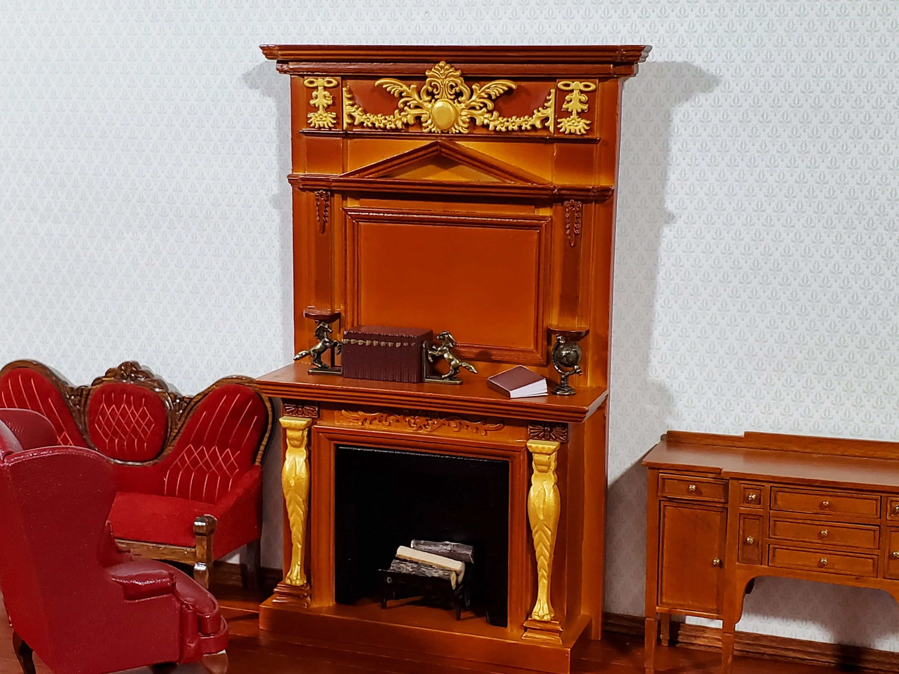 Dollhouse Fireplace with Ornate Overmantel 1:12 Scale Miniature Walnut Finish - Image 3