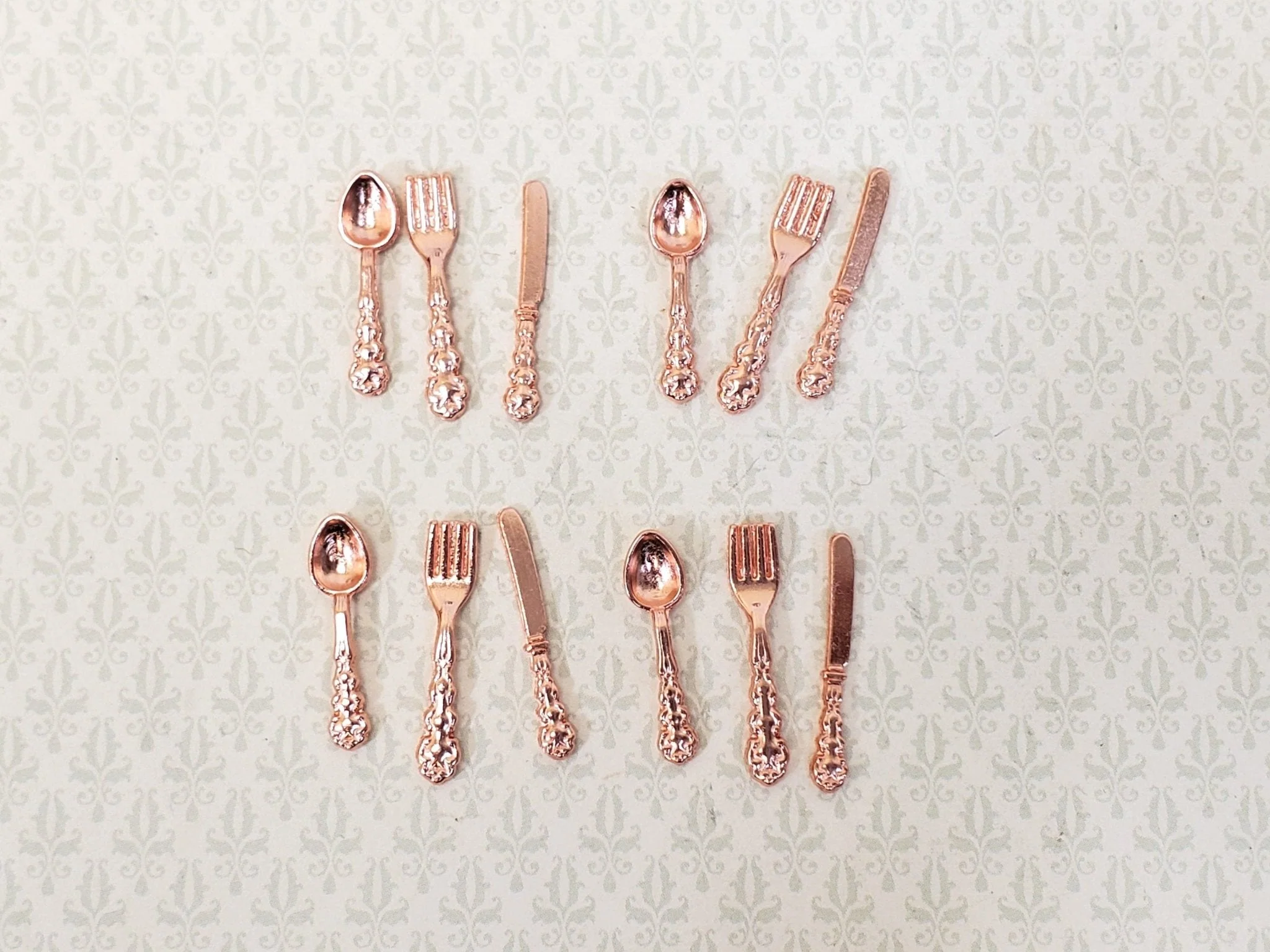 Dollhouse Flatware Copper Finish Fork Spoon Knife Fancy 4 Place Settings 1:12 Scale