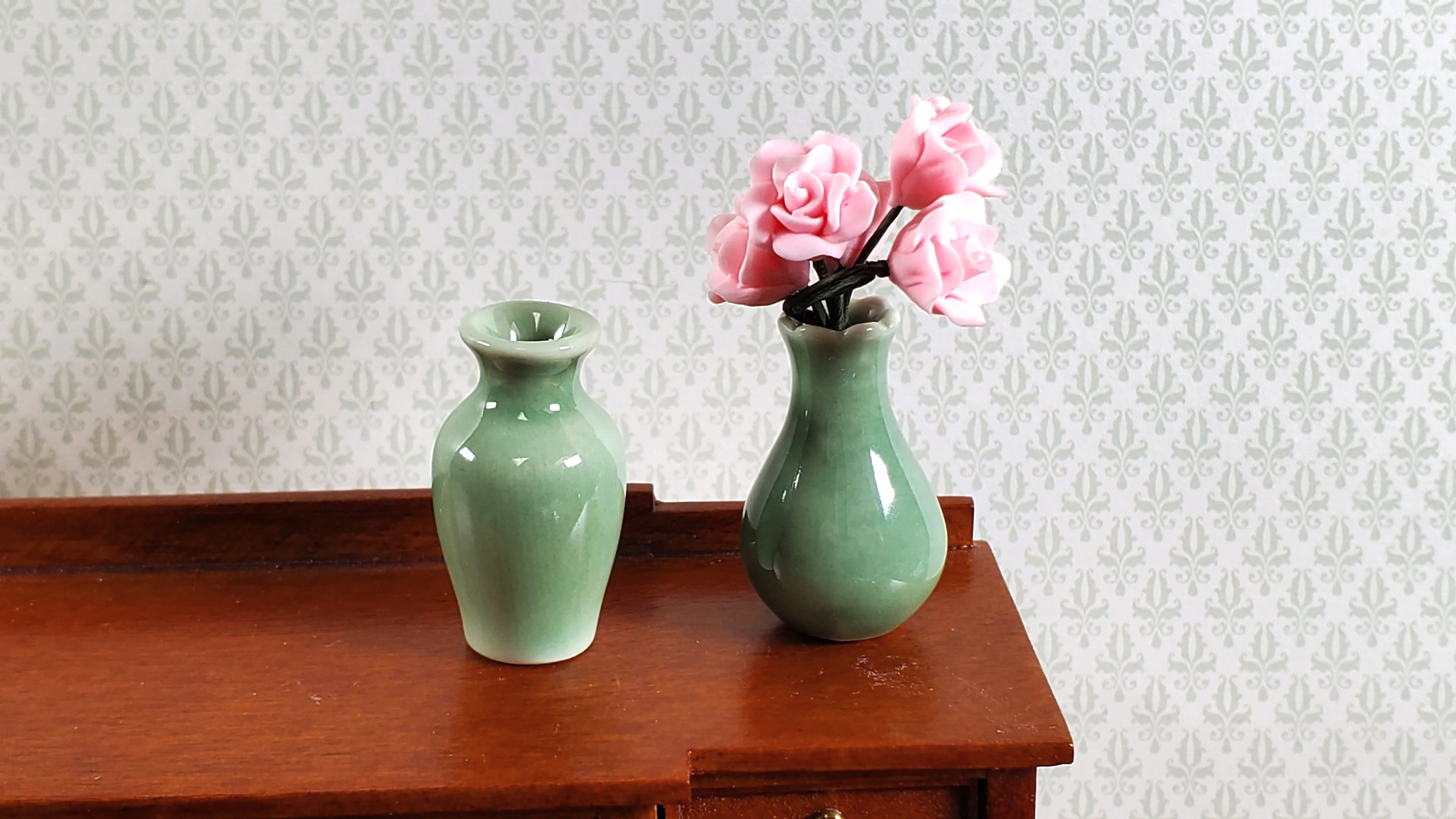 Dollhouse Flower Vases Sage Green Ceramic Set of 2 Modern 1:12 Scale Miniatures - Image 3