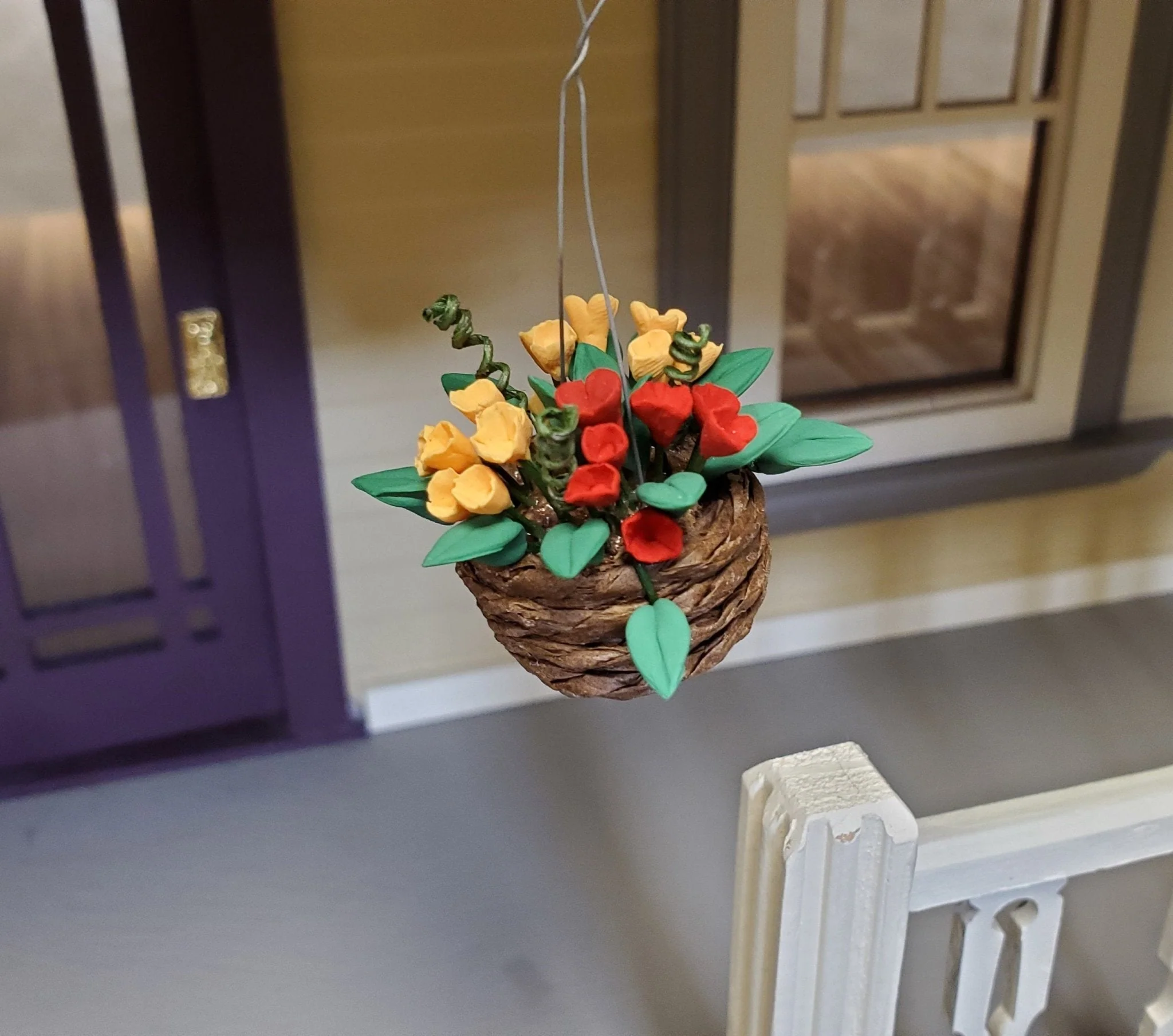 Dollhouse Flowers Hanging Basket Red and Yellow 1:12 Scale Miniature Garden