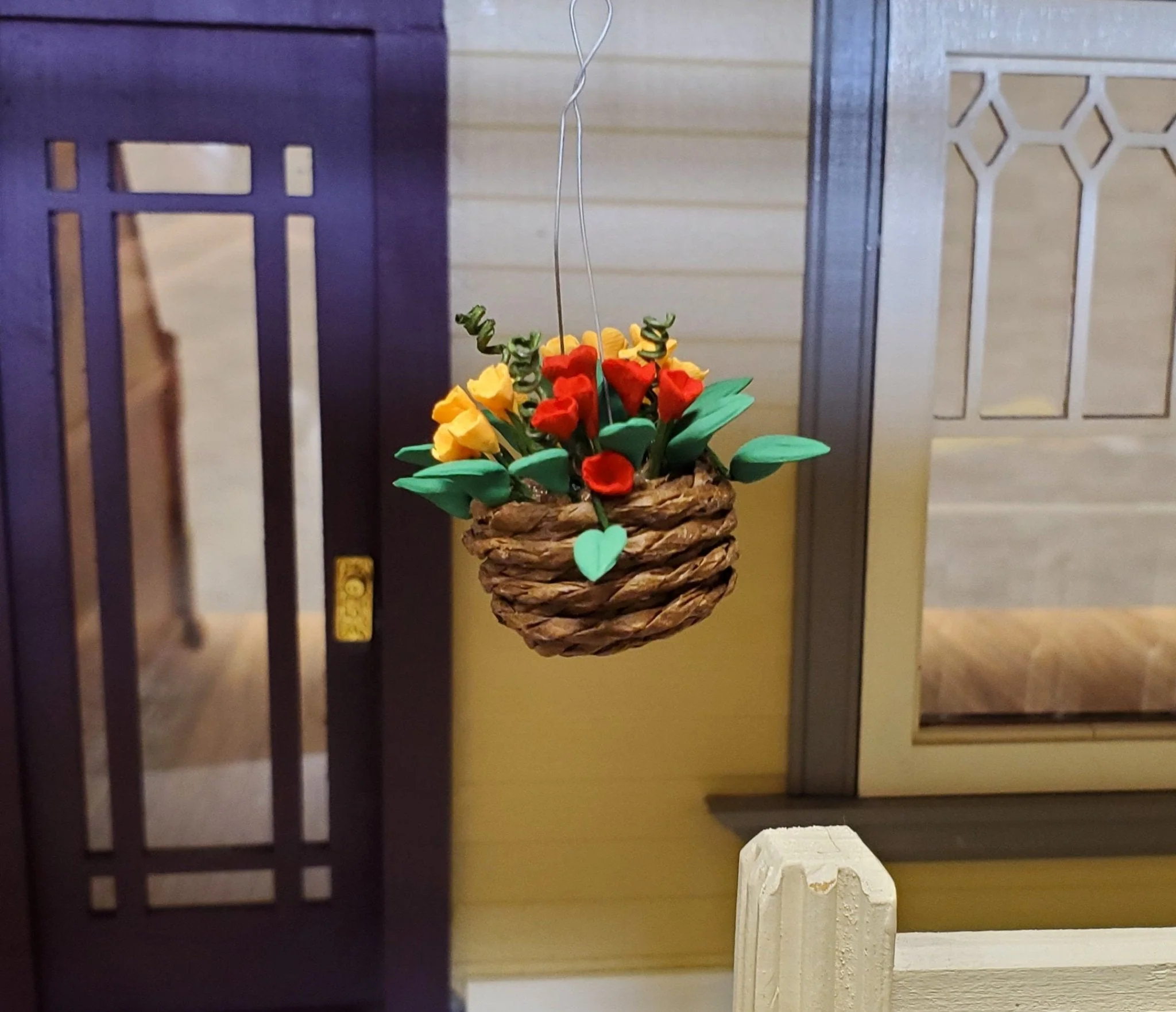 Dollhouse Flowers Hanging Basket Red and Yellow 1:12 Scale Miniature Garden - Image 2