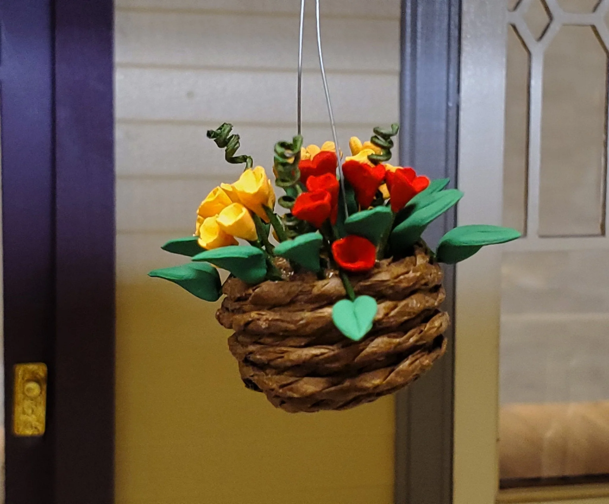 Dollhouse Flowers Hanging Basket Red and Yellow 1:12 Scale Miniature Garden - Image 4