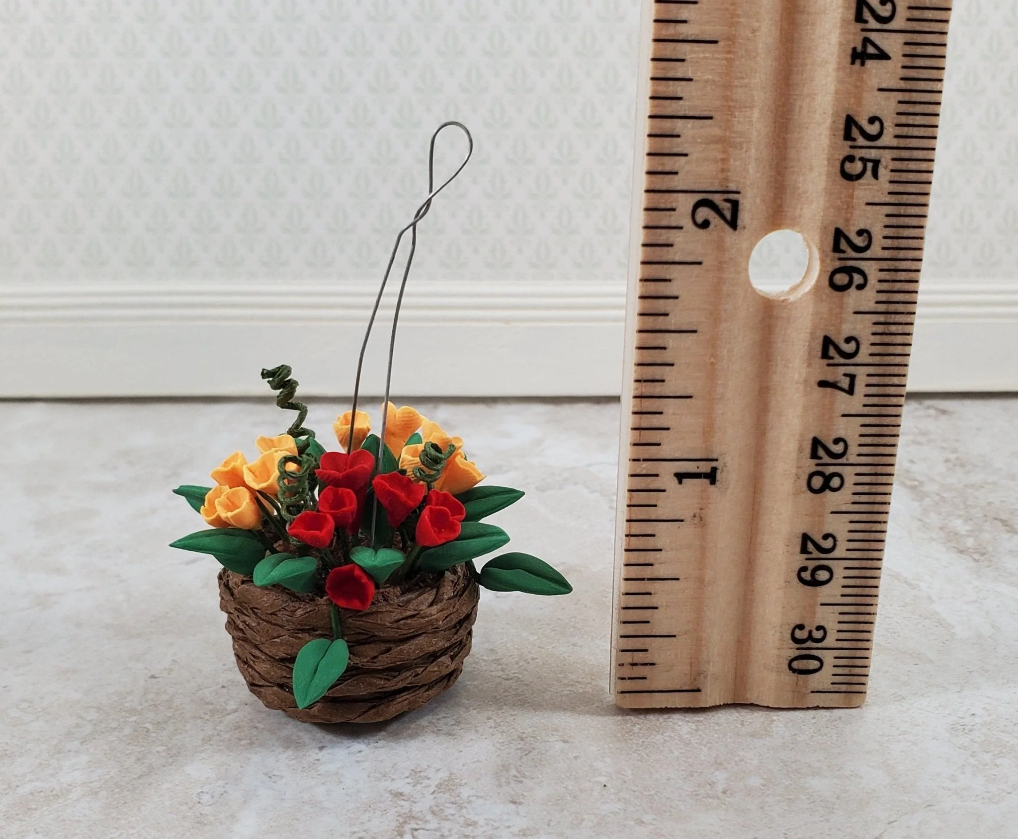 Dollhouse Flowers Hanging Basket Red and Yellow 1:12 Scale Miniature Garden - Image 5