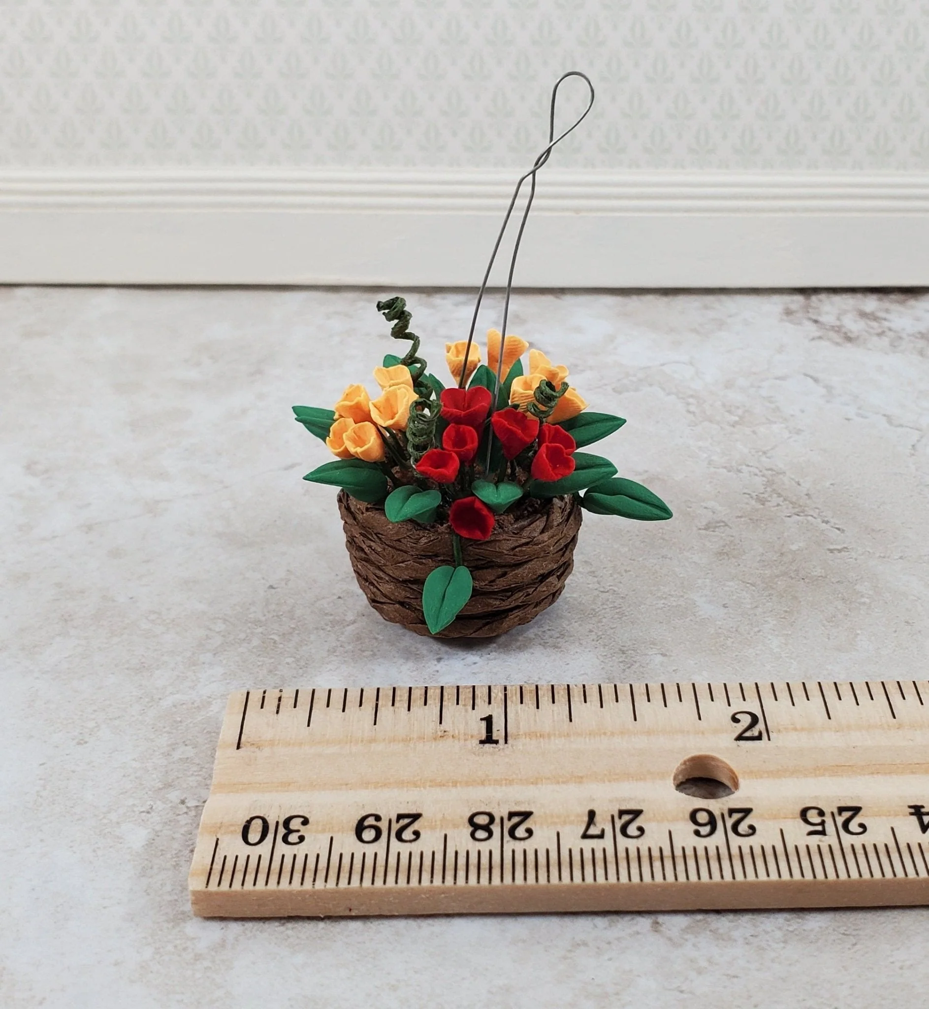 Dollhouse Flowers Hanging Basket Red and Yellow 1:12 Scale Miniature Garden - Image 6