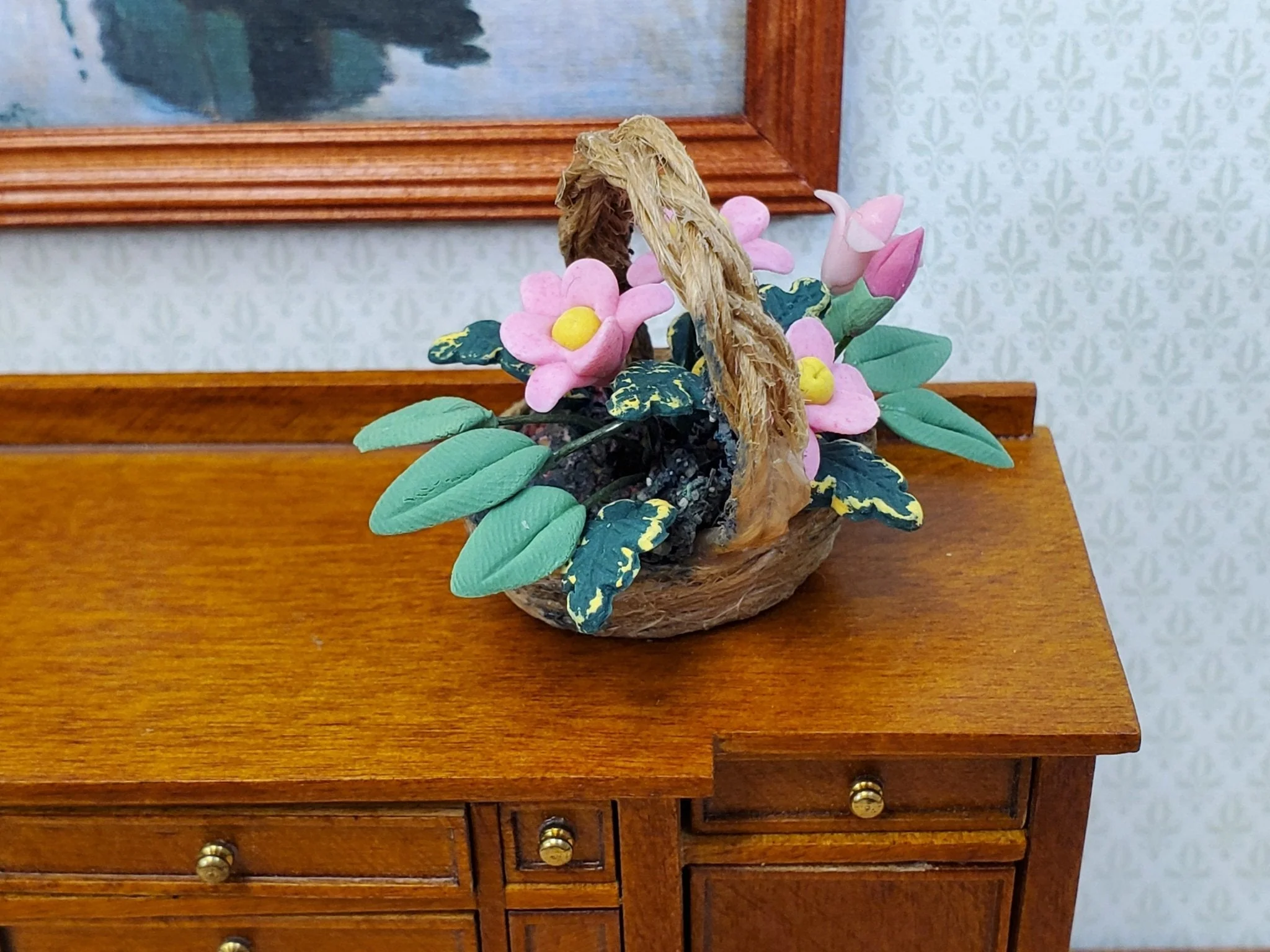 Dollhouse Flowers in a Natural Fiber Basket Pink Daisies 1:12 Scale Miniature