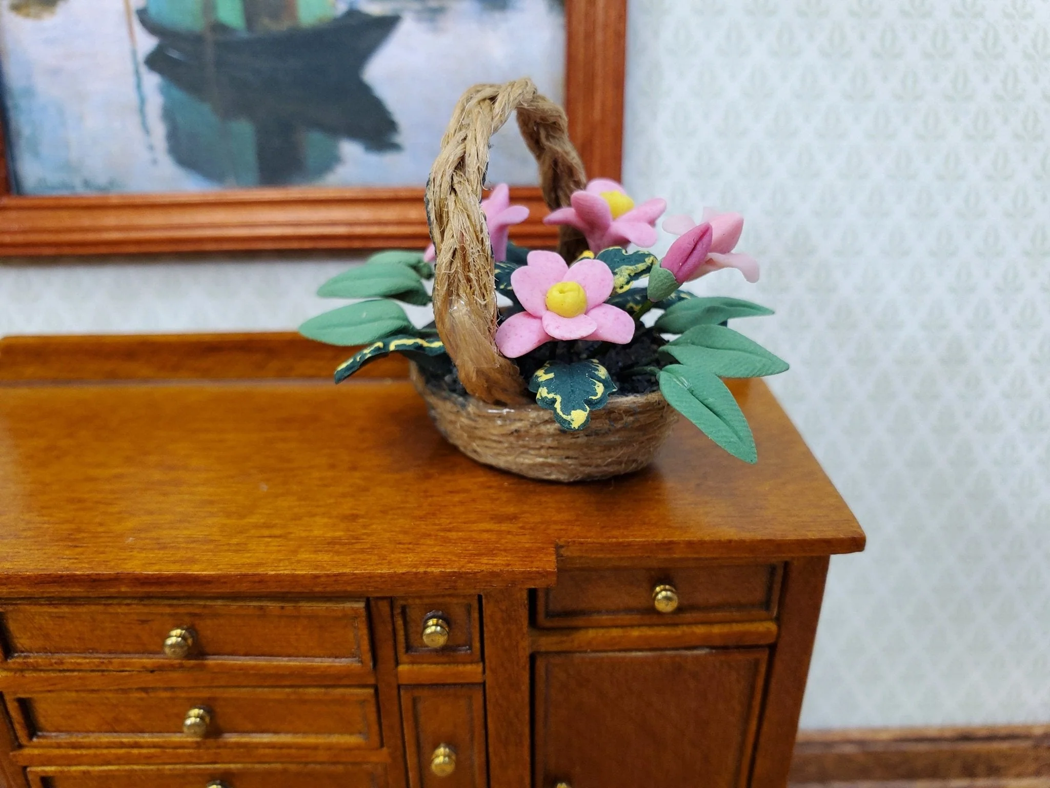 Dollhouse Flowers in a Natural Fiber Basket Pink Daisies 1:12 Scale Miniature - Image 2