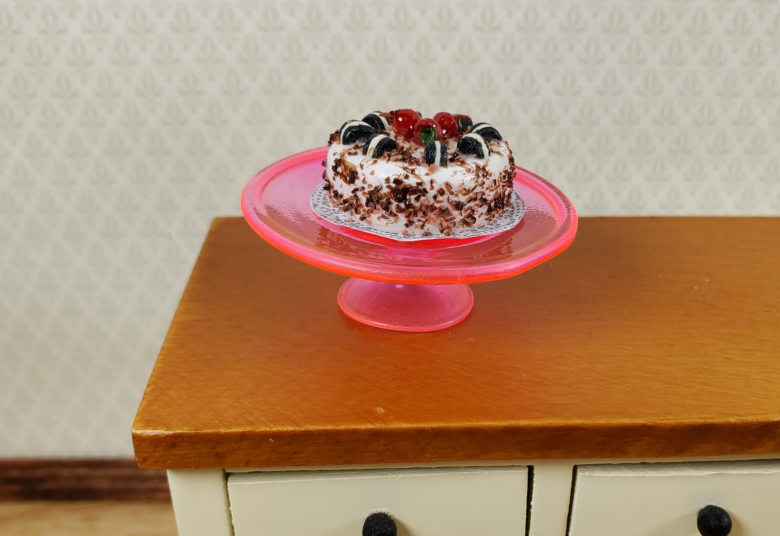 Dollhouse Fluorescent Pink Glass Cake Plate Large Miniature Kitchen - Image 2