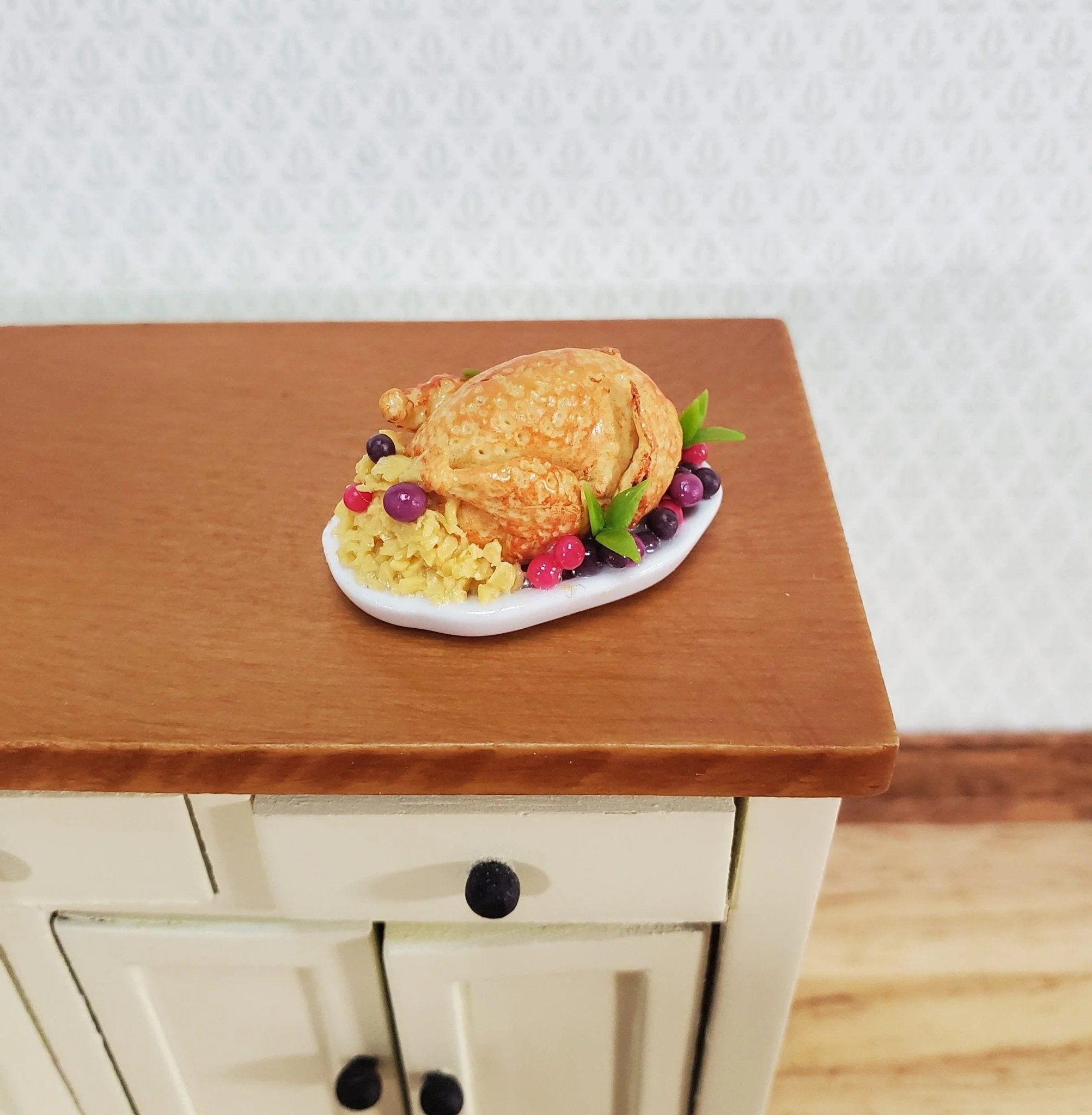 Dollhouse Food Stuffed Chicken with Fruit on Platter 1:12 Scale Miniature