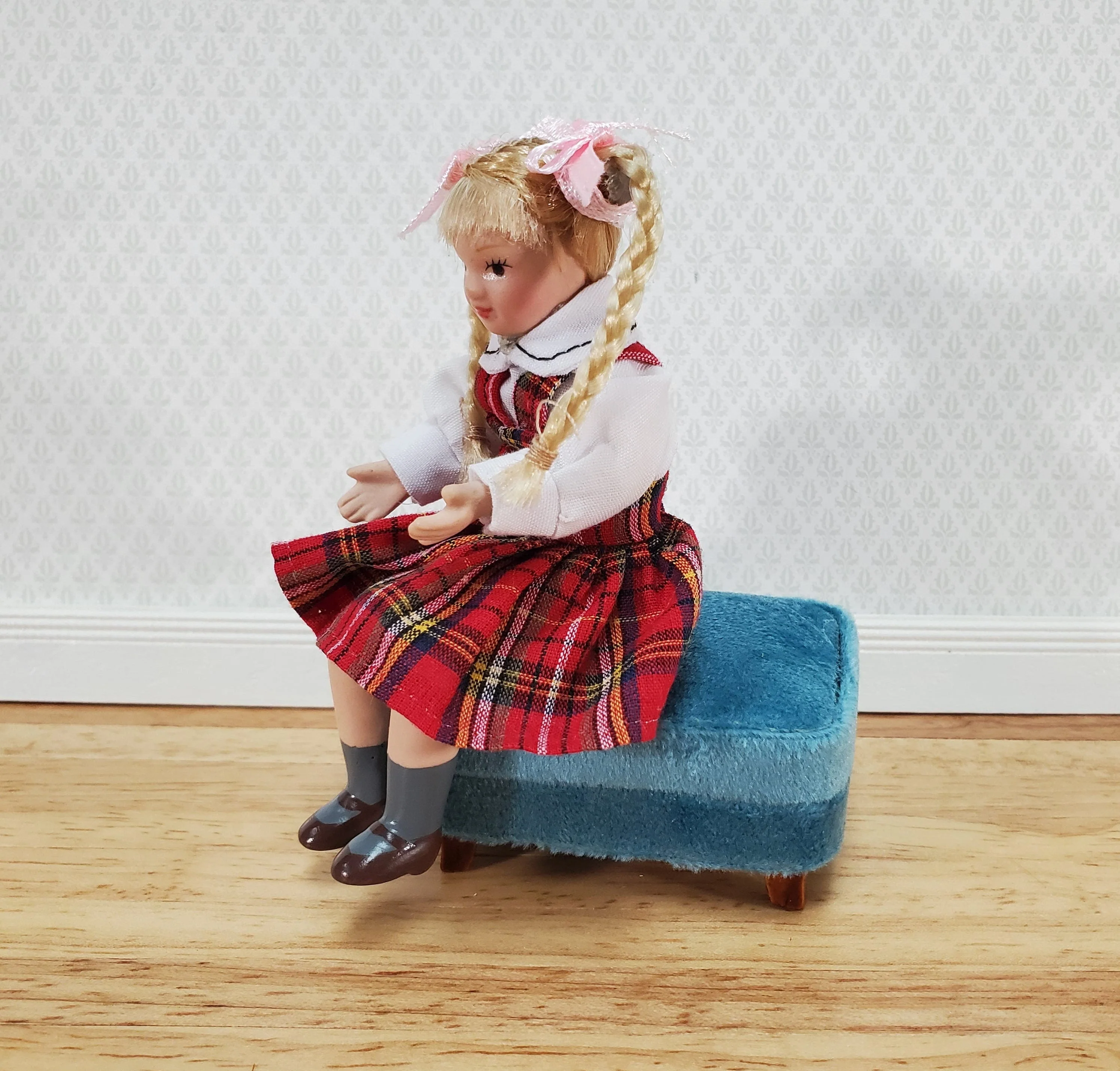 Dollhouse Footstool Ottoman Teal Fabric Modern Style 1:12 Scale Miniature Furniture - Image 5