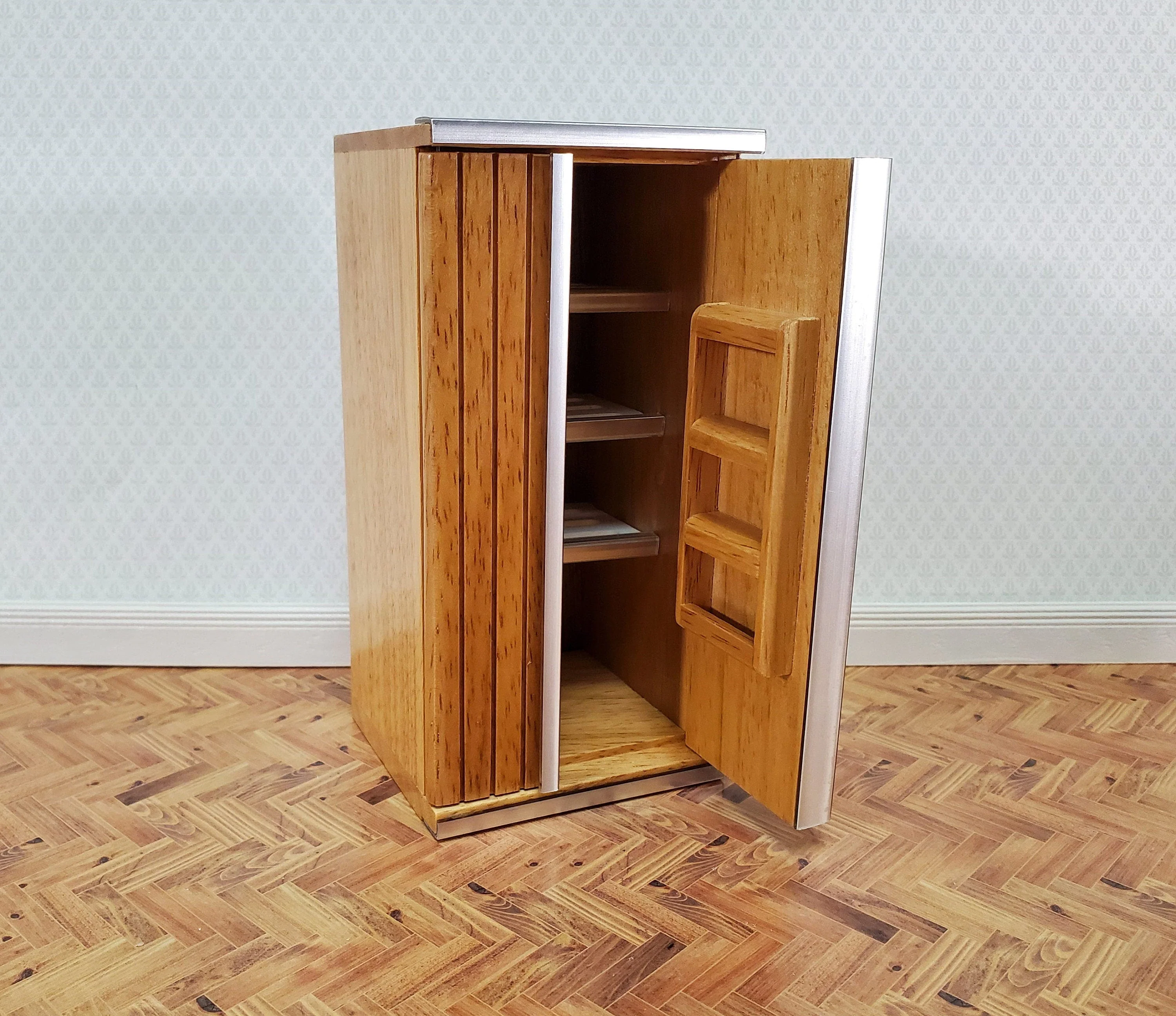 Dollhouse Fridge Modern Refrigerator Oak Finish 1:12 Scale Miniature Wood Furniture