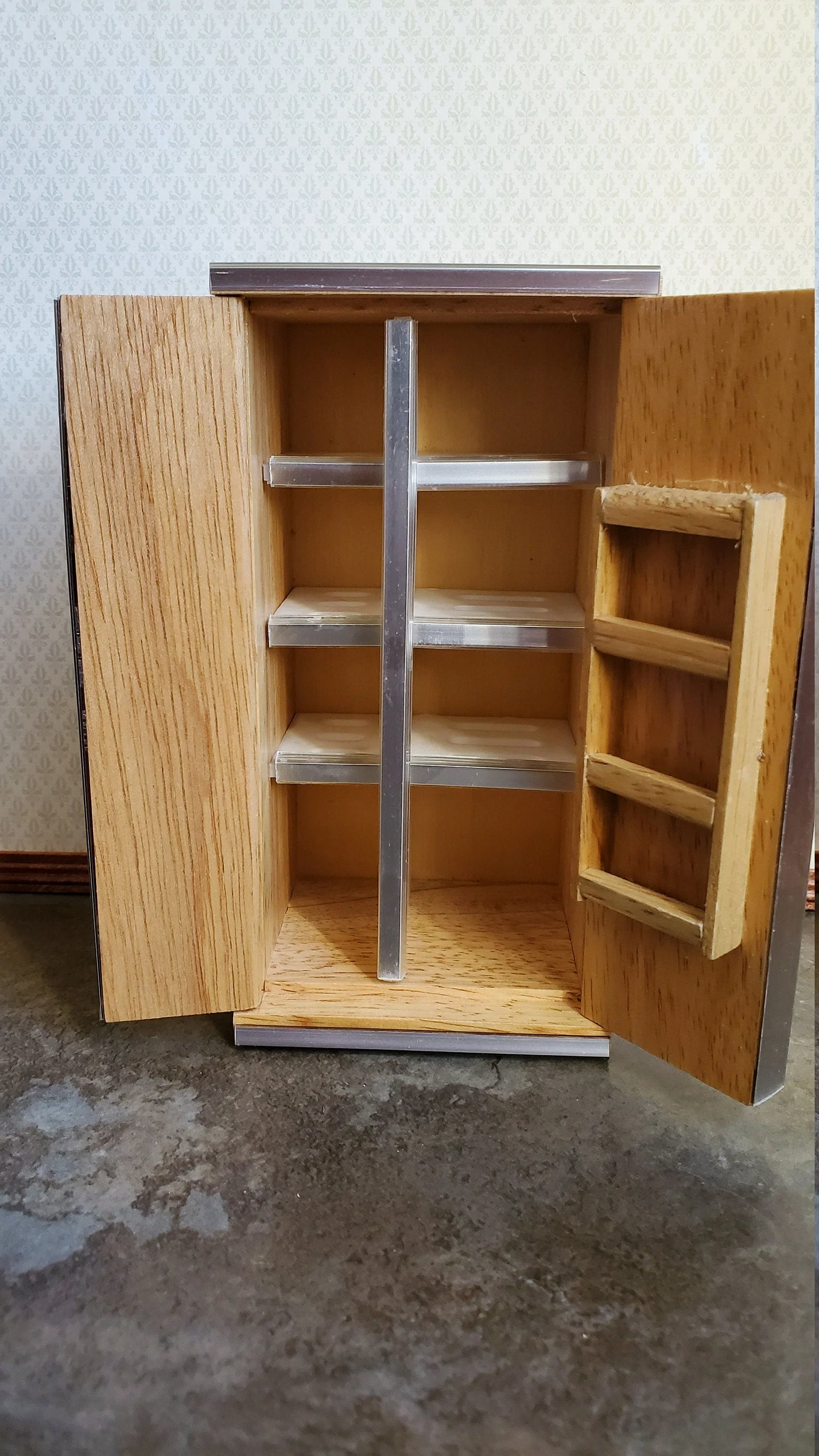 Dollhouse Fridge Modern Refrigerator Oak Finish 1:12 Scale Miniature Wood Furniture - Image 3