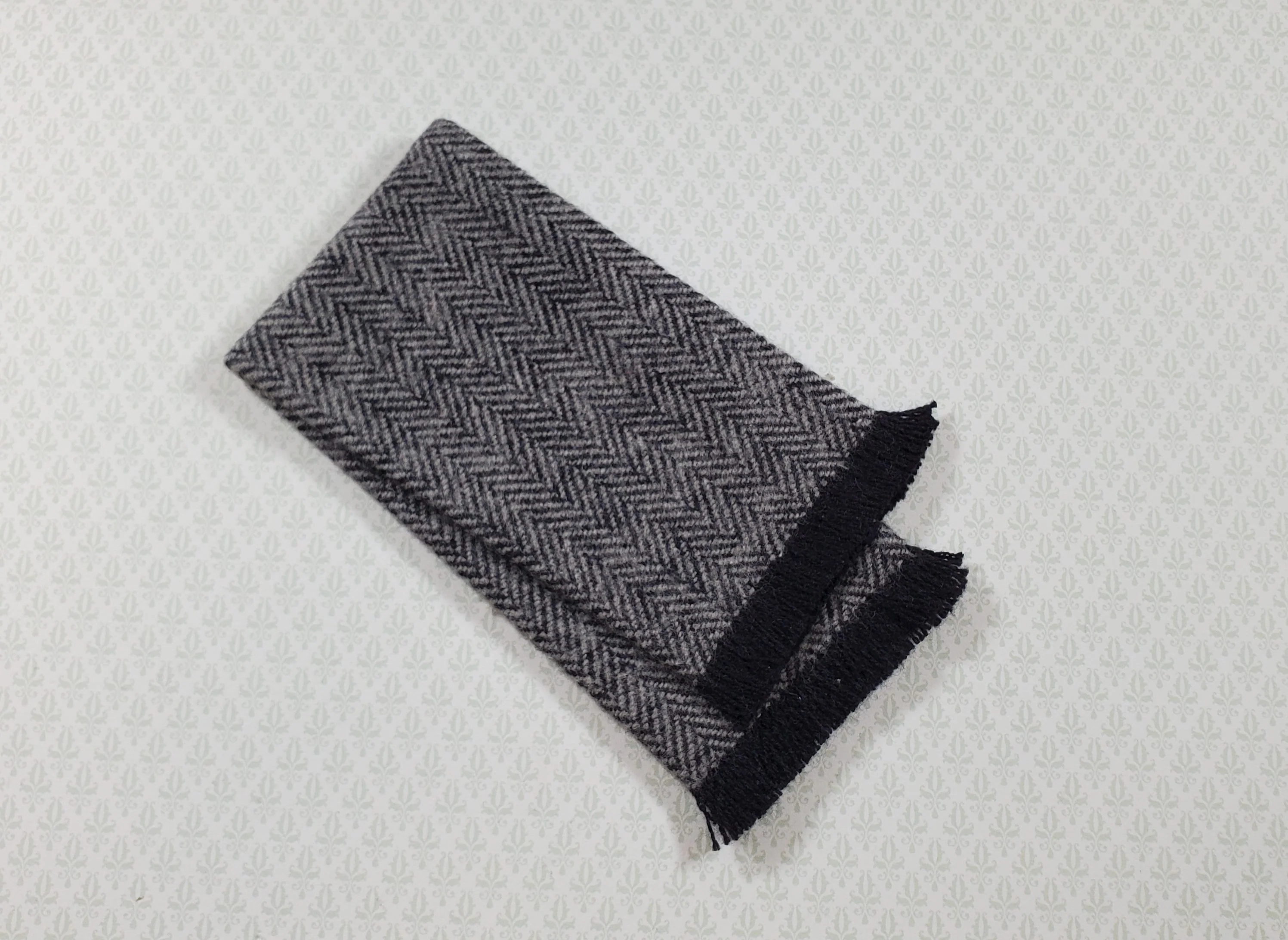 Dollhouse Fringed Blanket Throw Black & White Herringbone Fabric