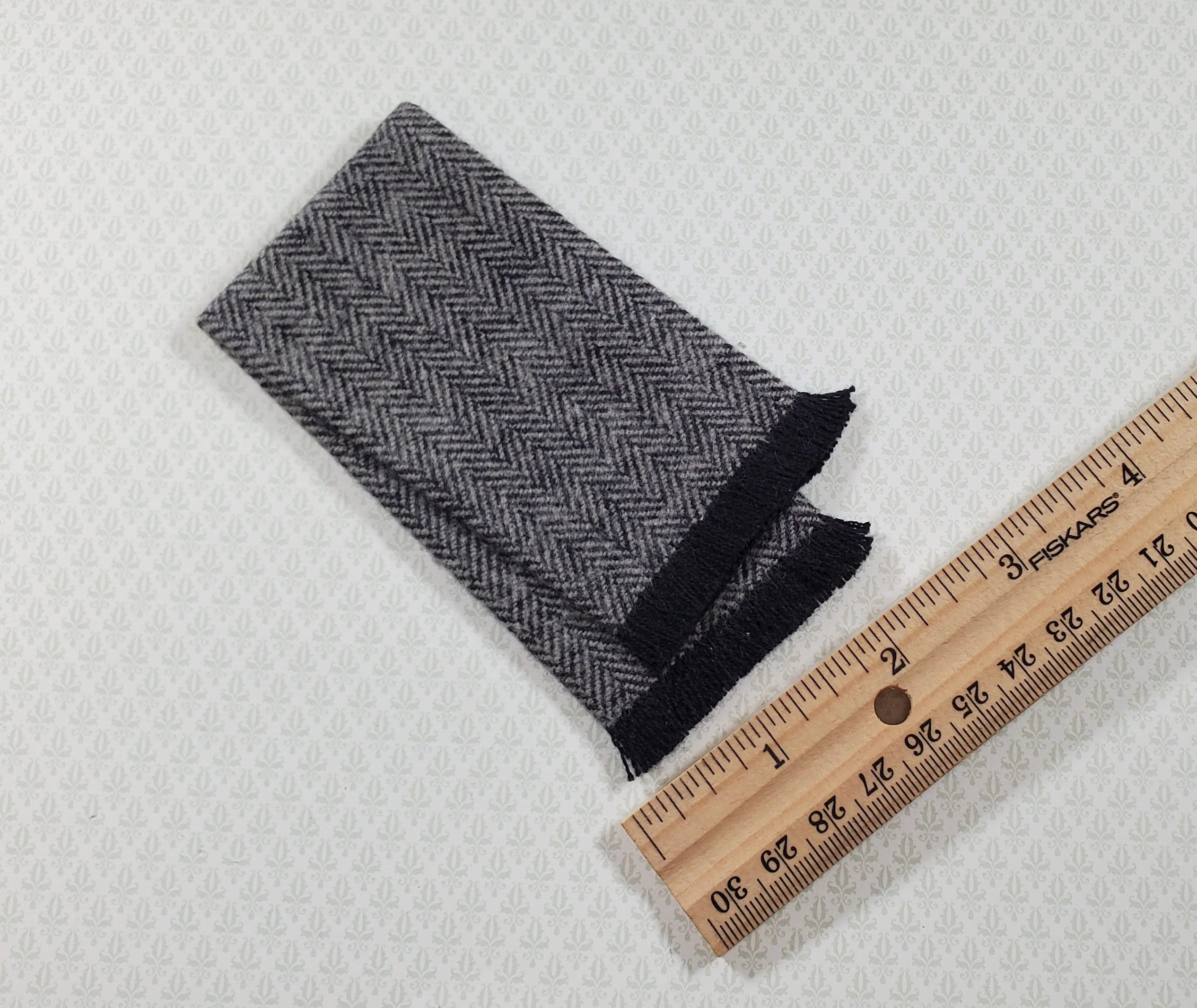 Dollhouse Fringed Blanket Throw Black & White Herringbone Fabric - Image 3