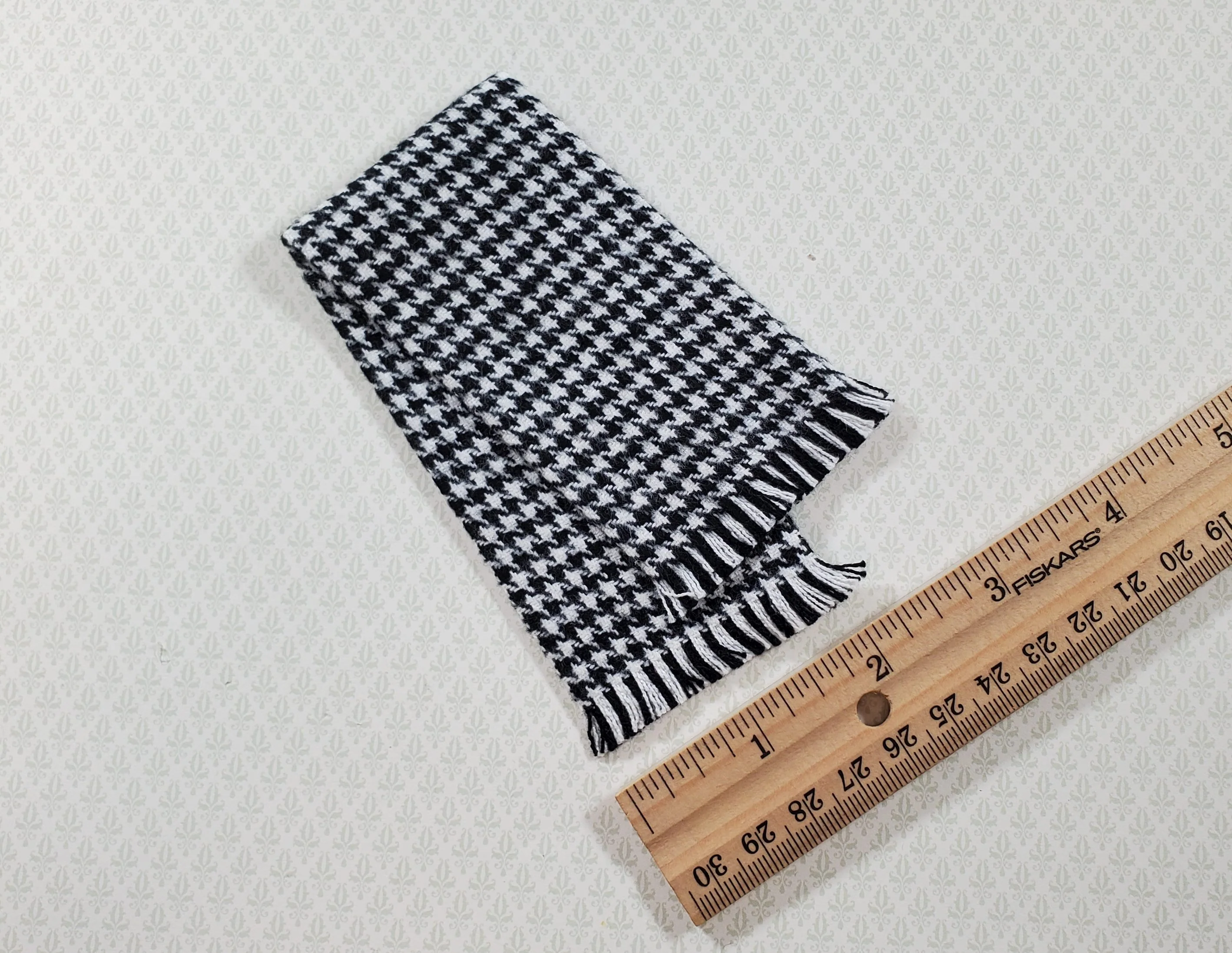 Dollhouse Fringed Blanket Throw Black & White Houndstooth Fabric - Image 3