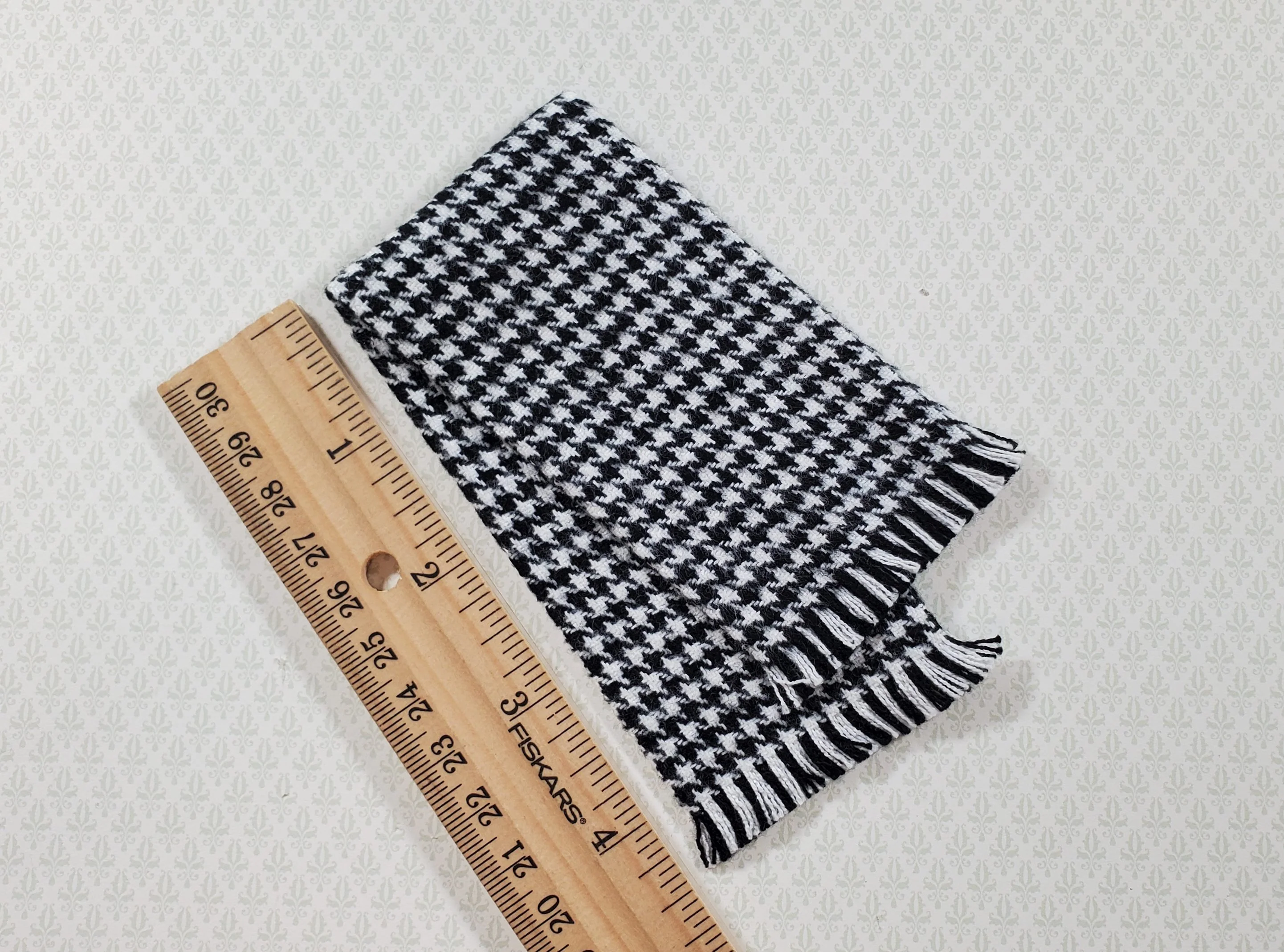 Dollhouse Fringed Blanket Throw Black & White Houndstooth Fabric - Image 4