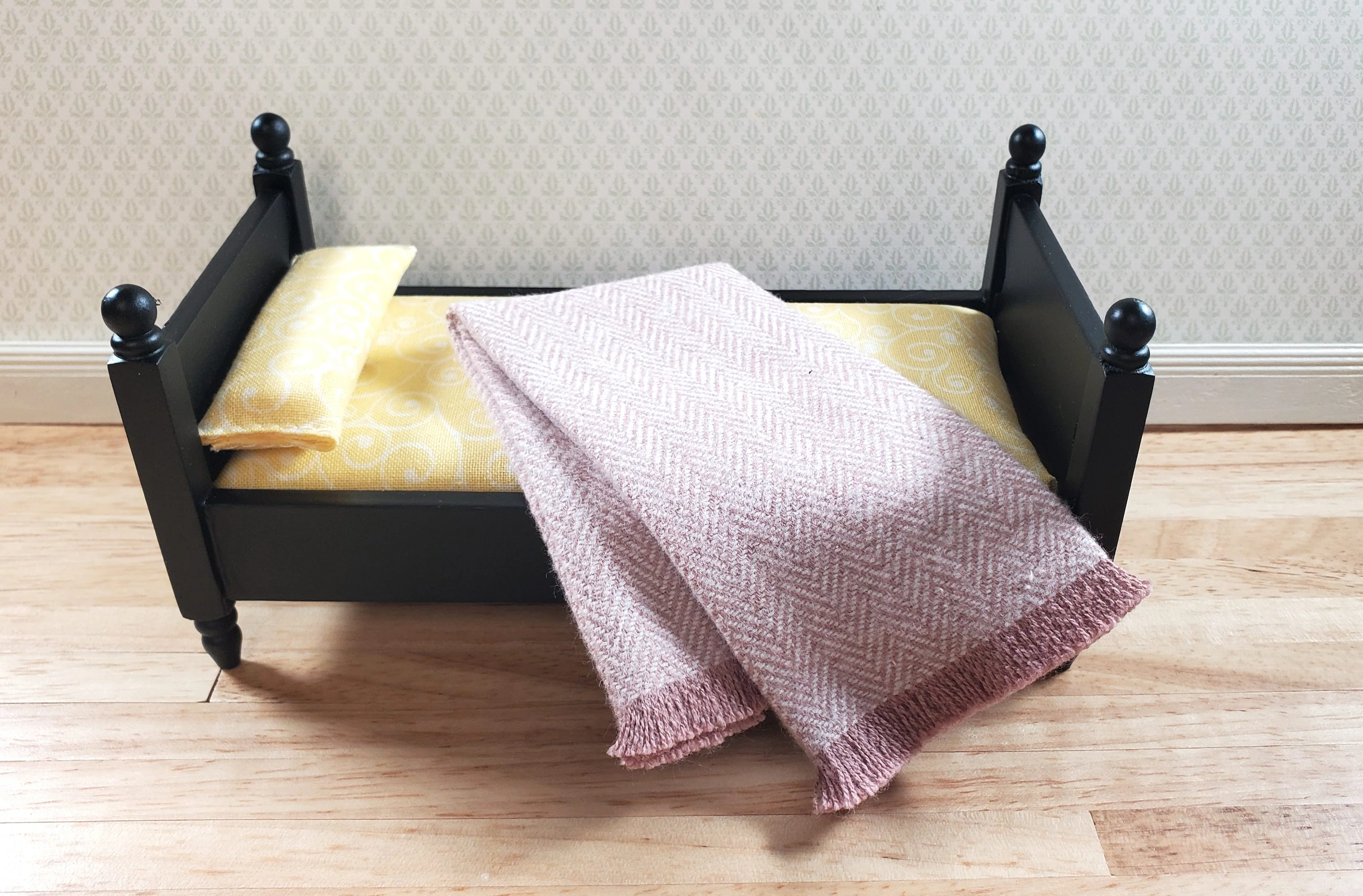 Dollhouse Fringed Blanket Throw Pink Blush & White Herringbone Fabric - Image 2
