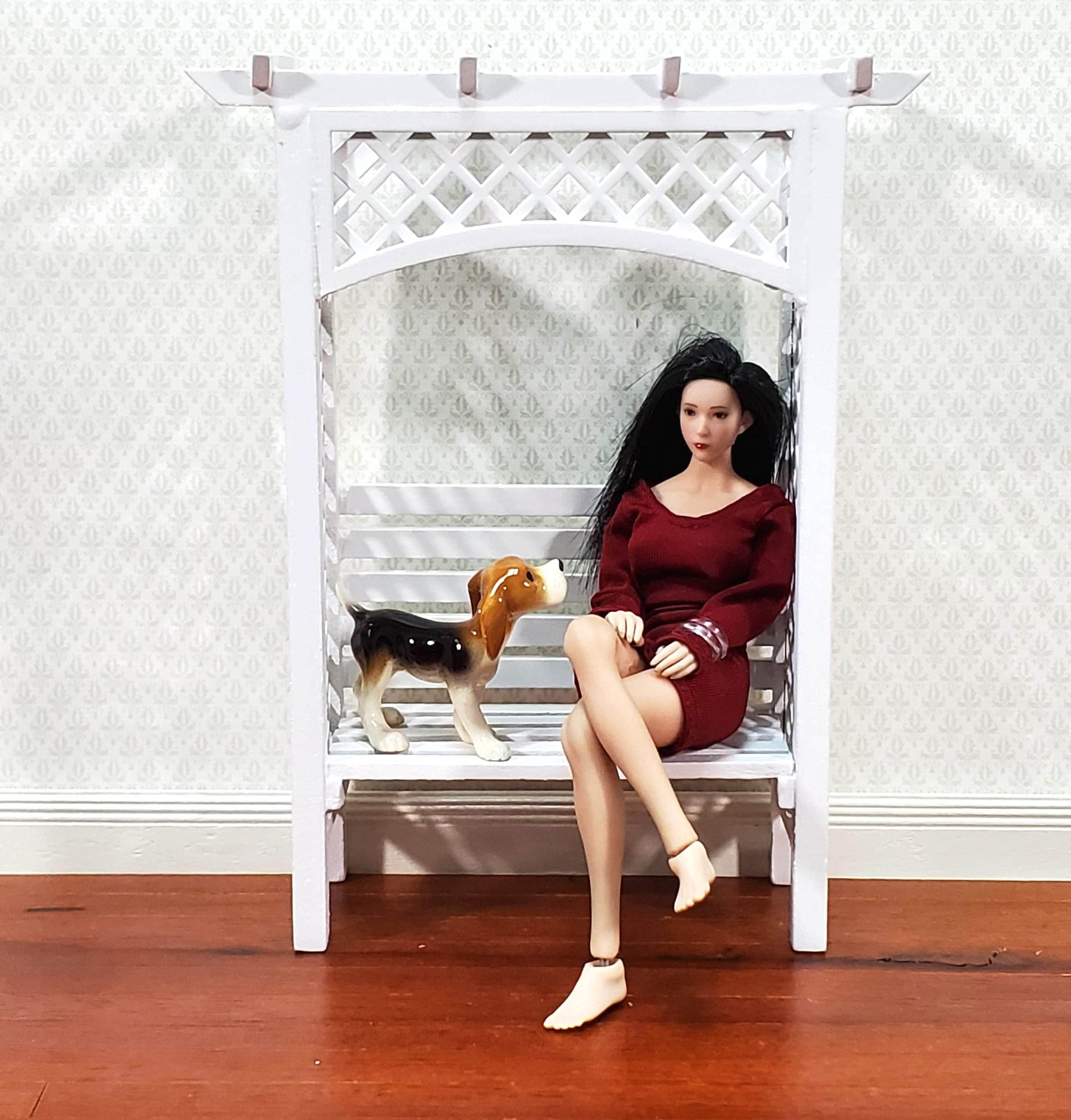 Dollhouse Garden Arbor Bench with Trellis for Flowers White Wood 1:12 Scale Miniature - Image 3