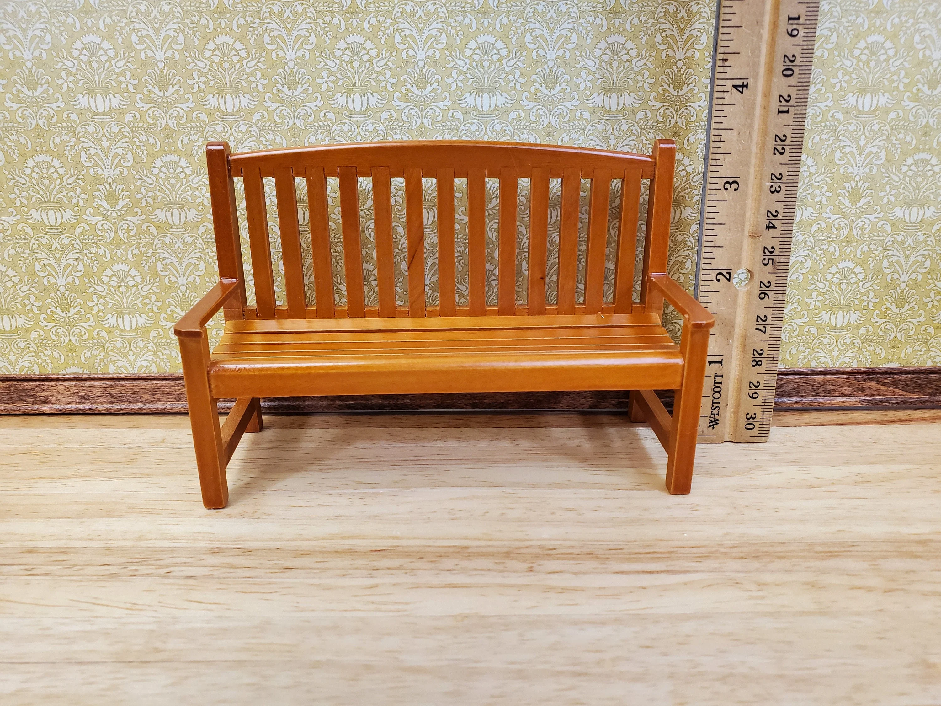 Dollhouse Garden Bench Large Classic Style Wood with Walnut Finish 1:12 Scale Miniature Furniture - Image 6