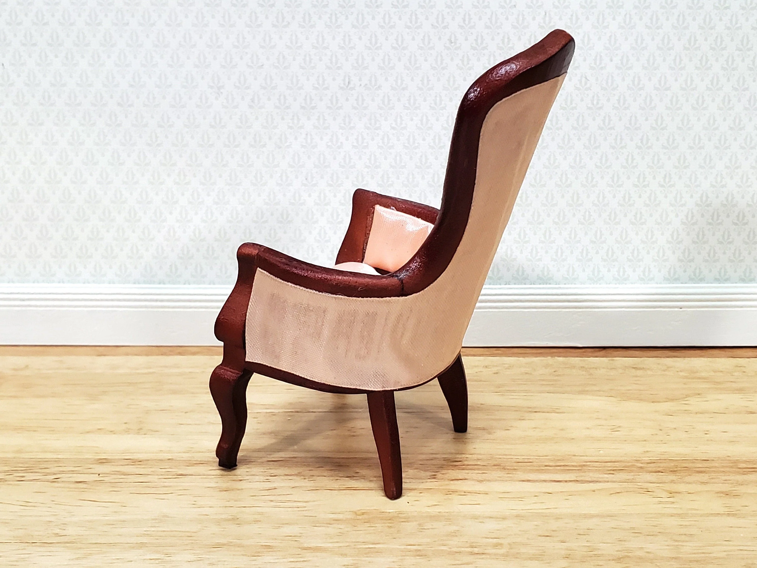 Dollhouse Gentlemen's Chair Victorian Pink & Mahogany Finish 1:12 Scale Miniature Furniture - Image 3