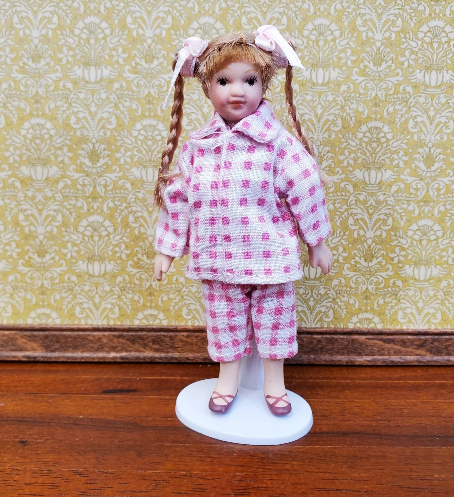 Dollhouse Girl Doll Braids Porcelain Pink & White Checked Outfit 1:12 Scale Miniature