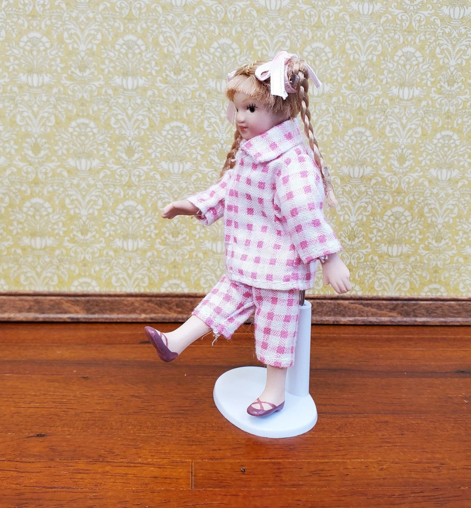 Dollhouse Girl Doll Braids Porcelain Pink & White Checked Outfit 1:12 Scale Miniature - Image 2