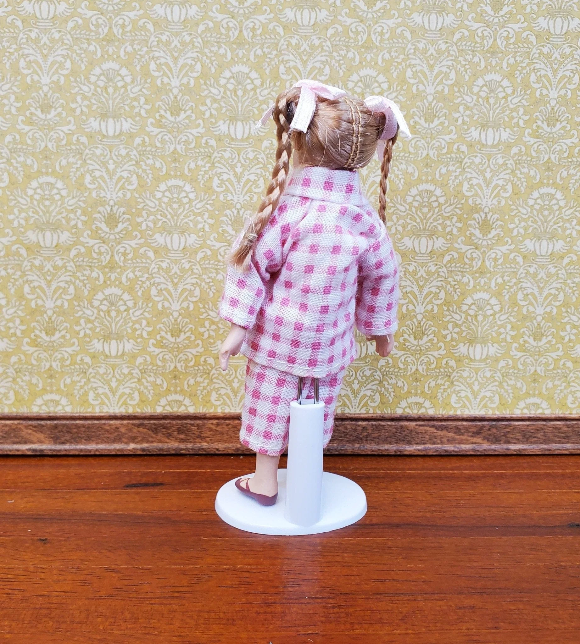 Dollhouse Girl Doll Braids Porcelain Pink & White Checked Outfit 1:12 Scale Miniature - Image 4